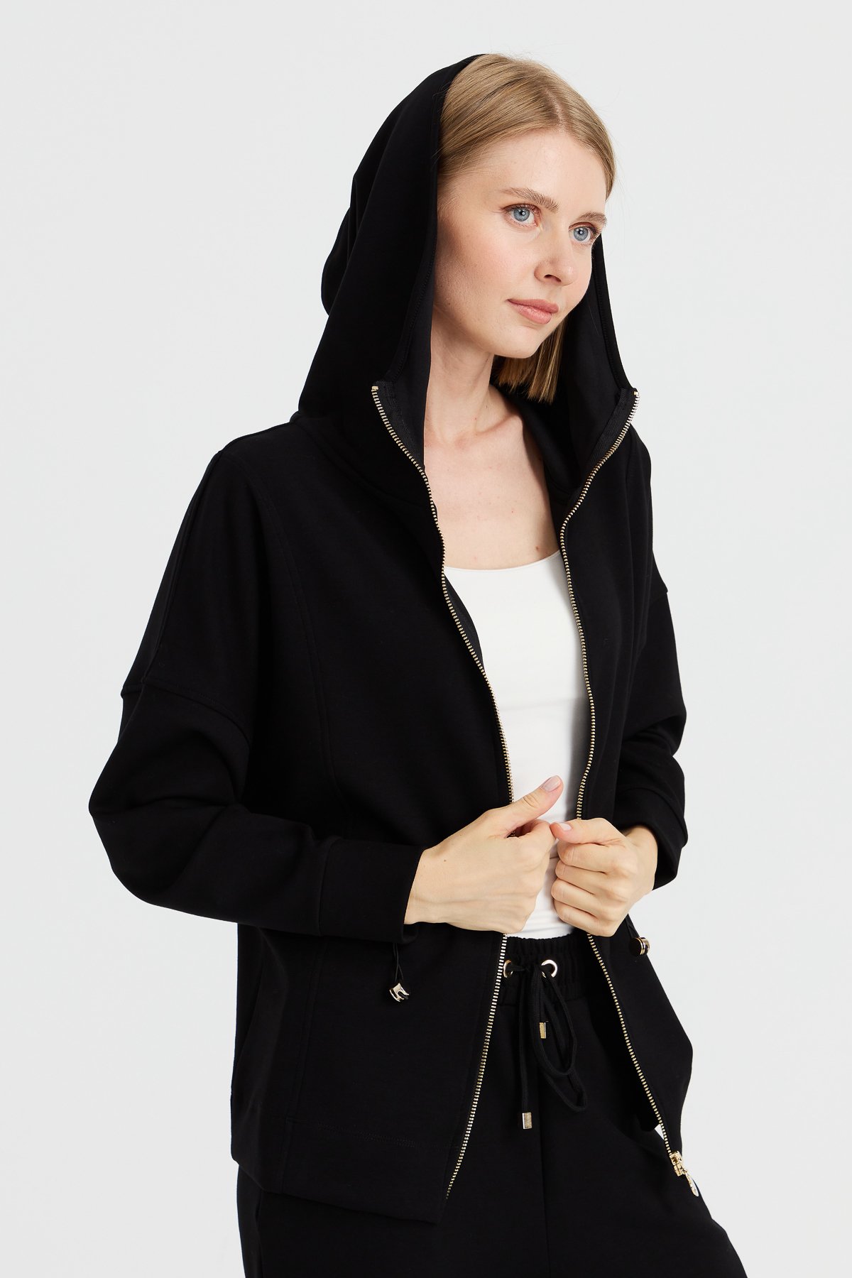 KMK23001Kadın Kapüşonlu Beli Büzgülü Sweat Siyah