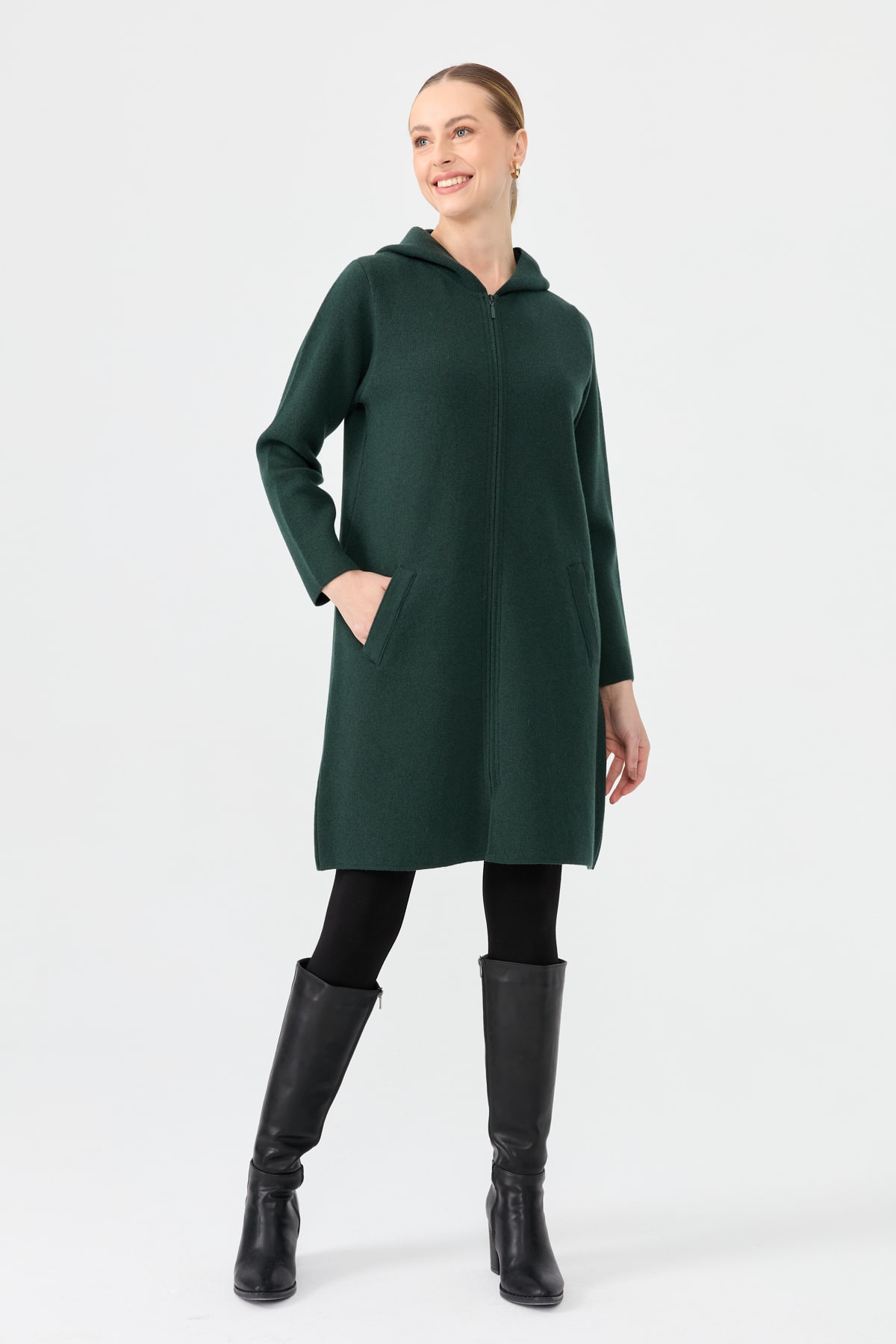 24044Kadın Kapüşonlu Fermuarlı Basic Uzun Yün Kaban Yeşil