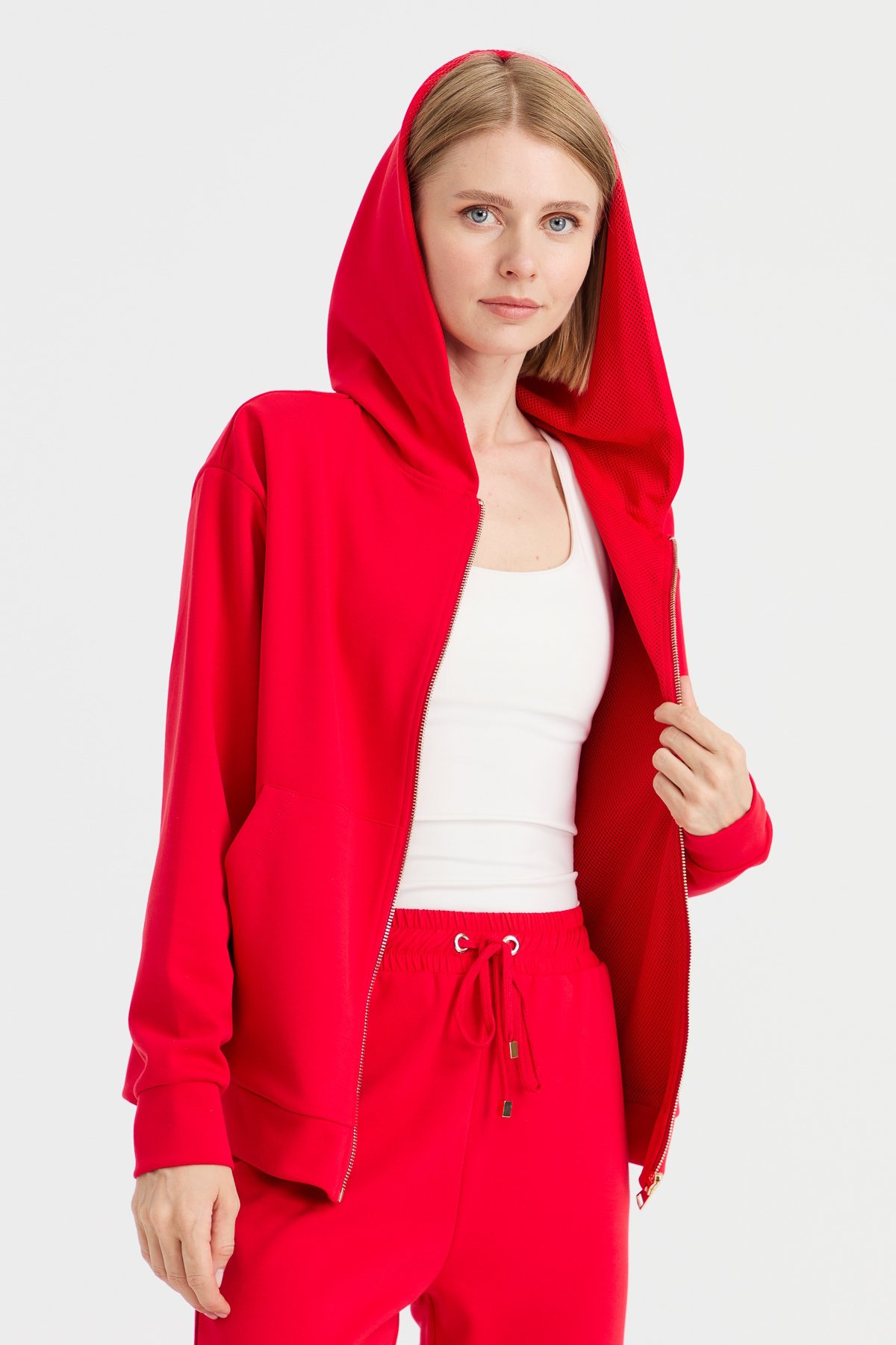 KMK23005Kadın Kapüşonlu Fileli Yan Cepli Sweat Kırmızı