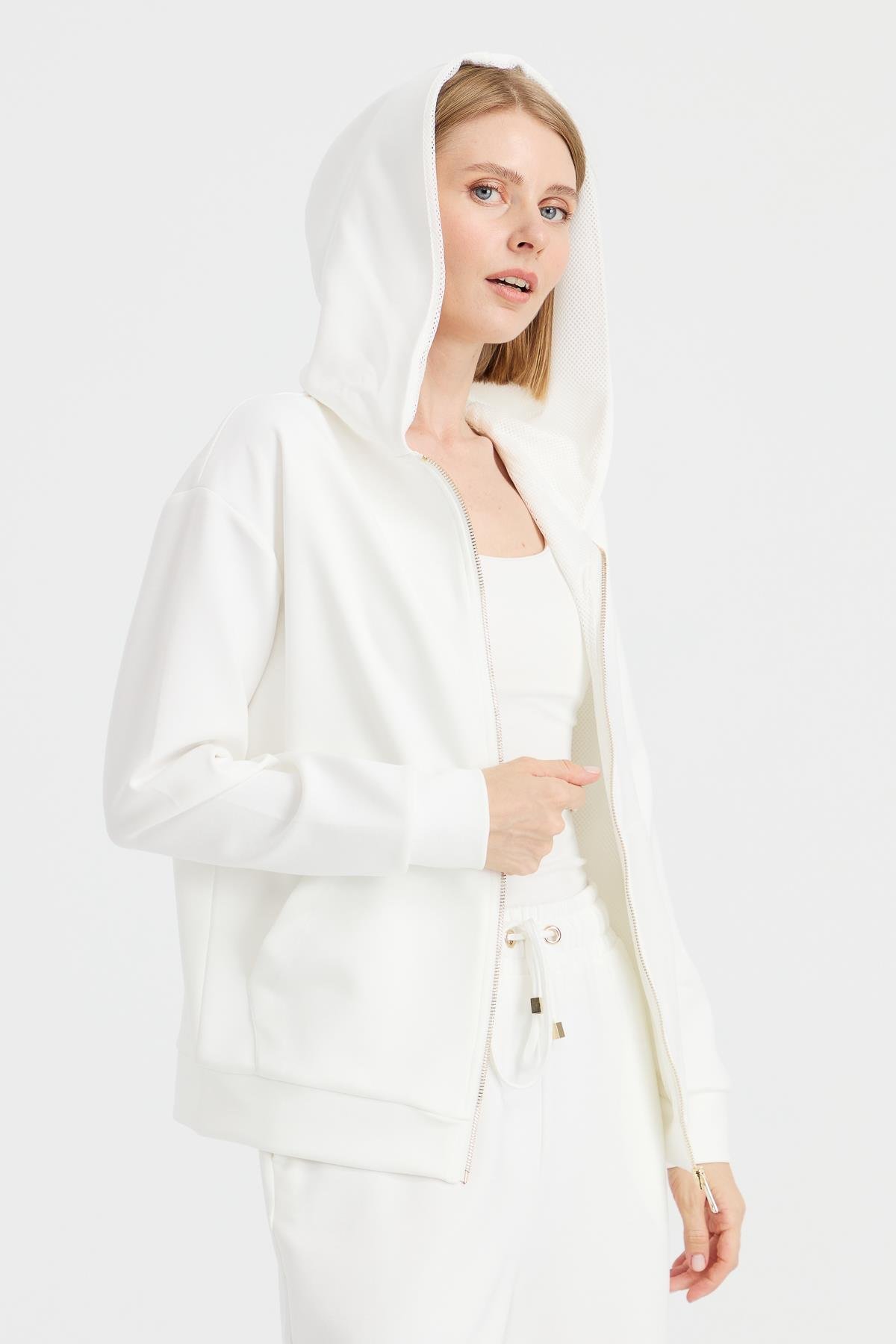 KMK23005Kadın Kapüşonlu Fileli Yan Cepli Sweat Beyaz