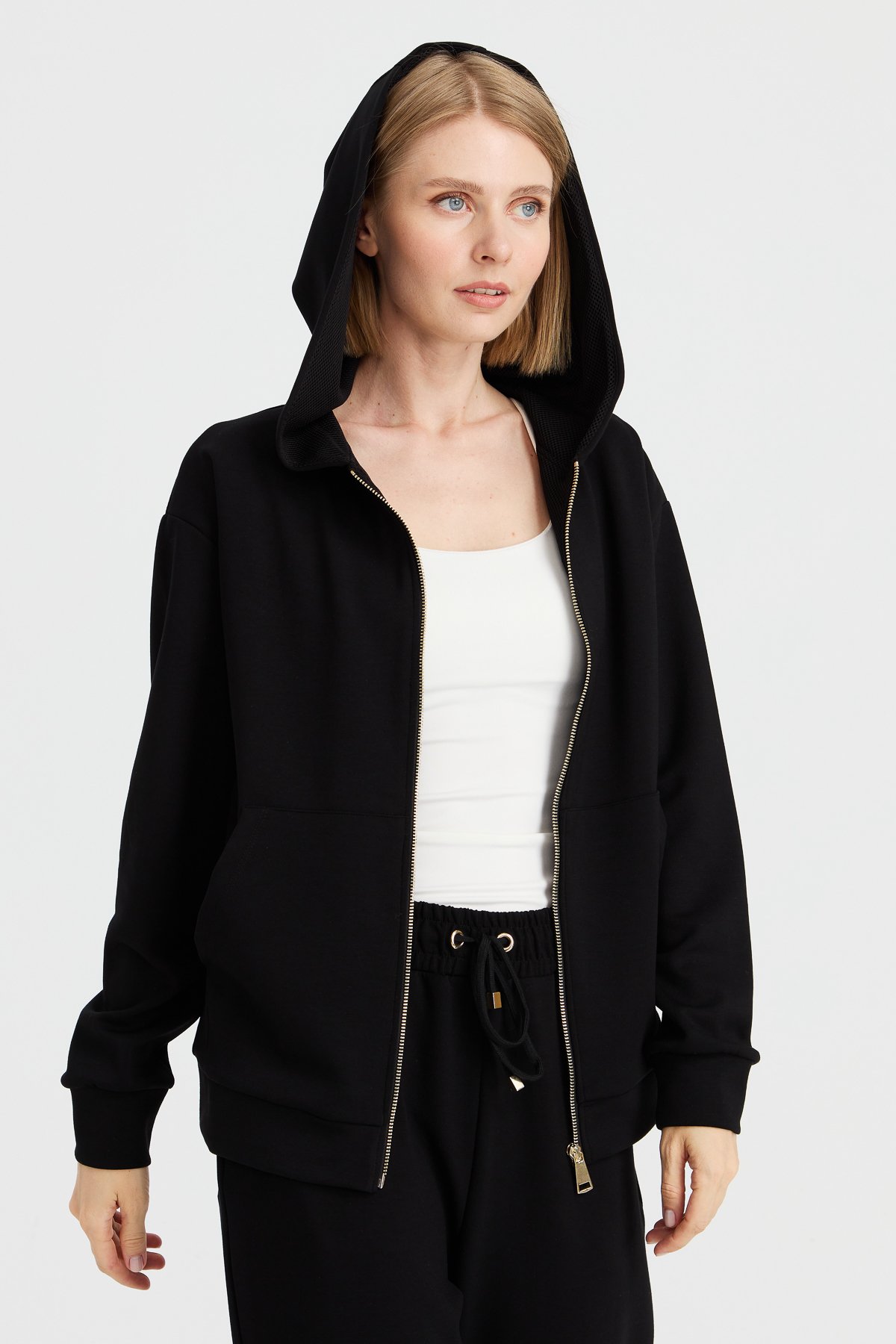 KMK23005Kadın Kapüşonlu Fileli Yan Cepli Sweat Siyah