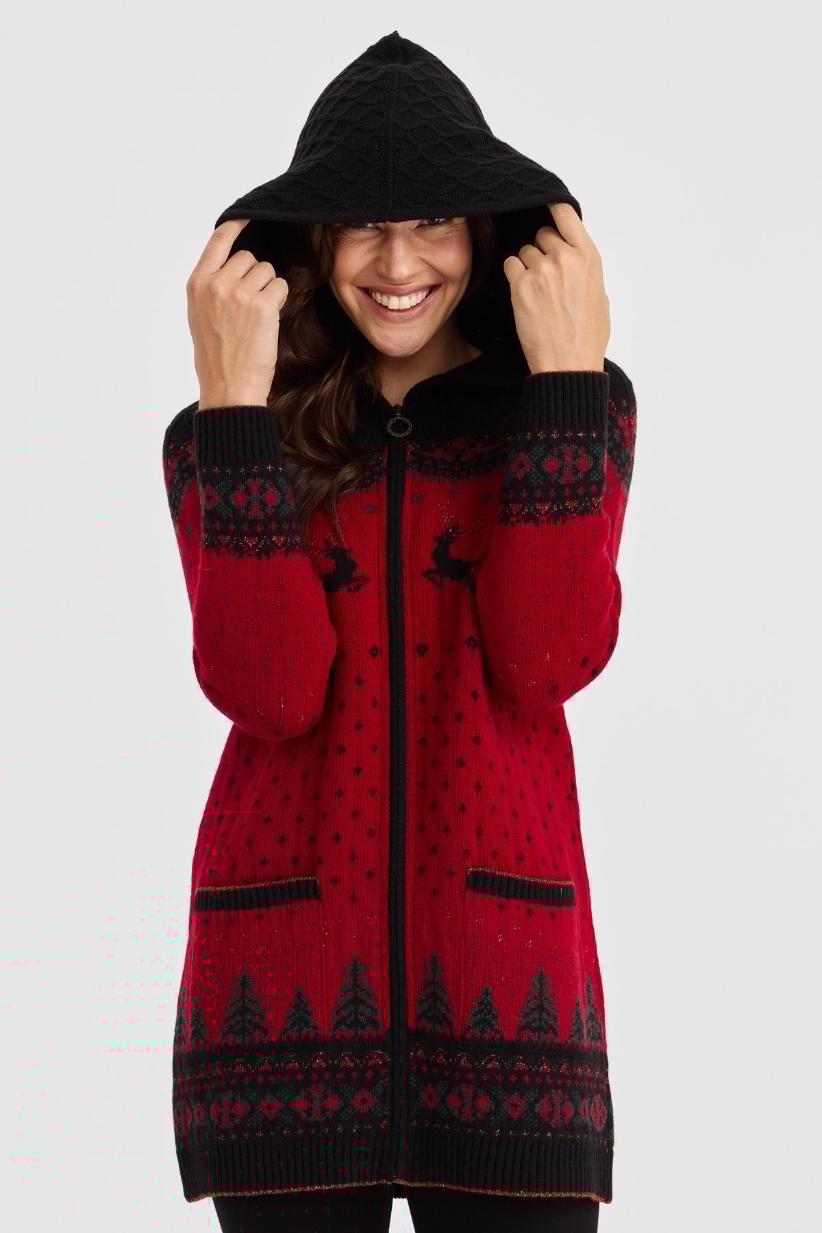 23221Kadın Kapüşonlu Geyik Desenli Yün Hırka Siyah