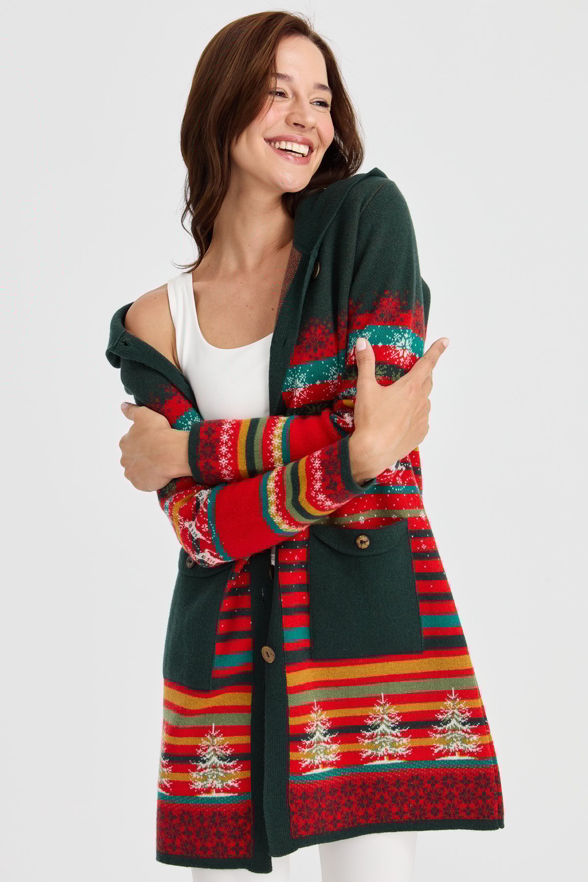 Women's Hooded Snow and Deer Patterned Long Wool Coat Coral