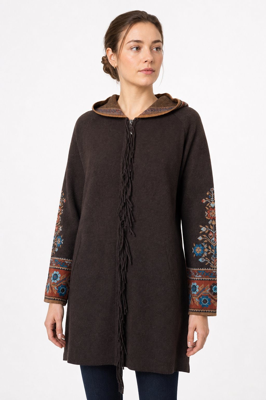 25056Kadın Kapüşonlu Kilim Jakarlı Püsküllü Yün Kaban K.Kahve