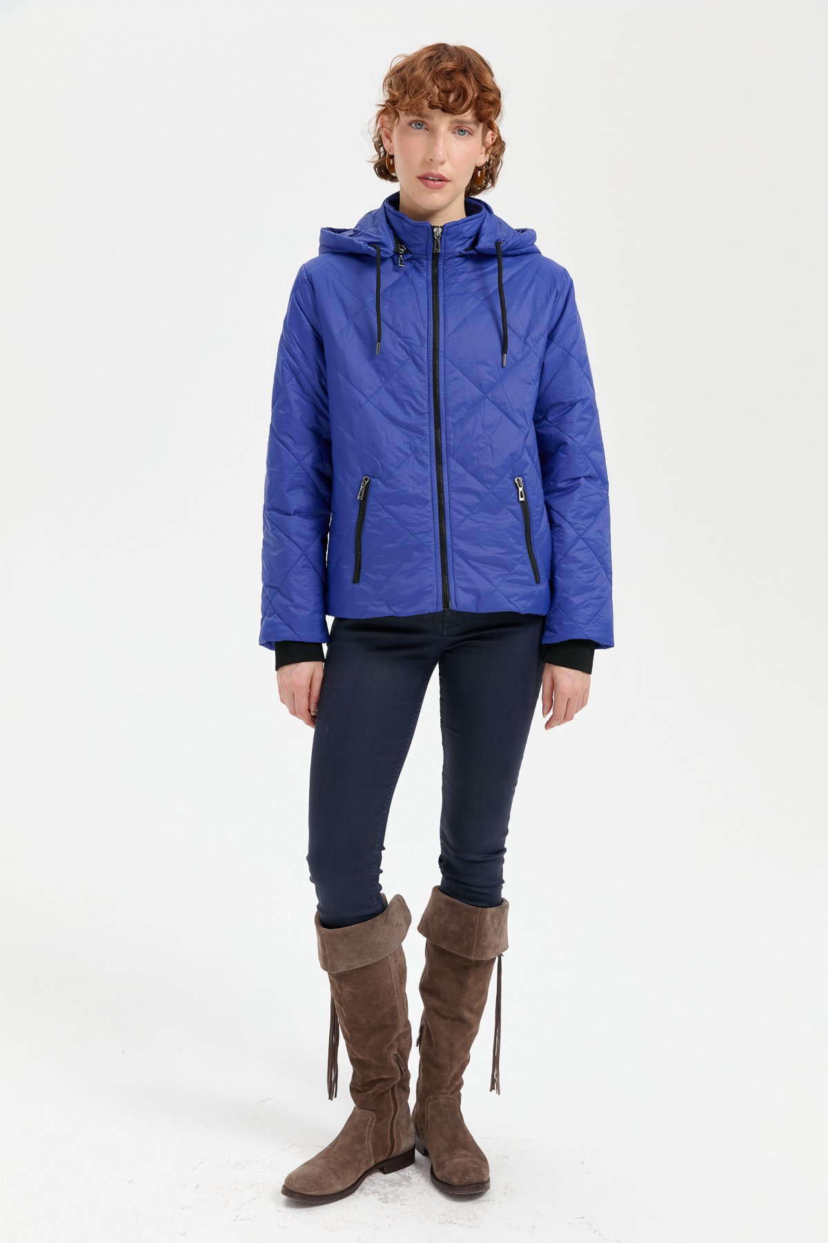 24418Kadın Kapüşonlu Kol Ucu Triko Kısa Kapitone Ceket Saks