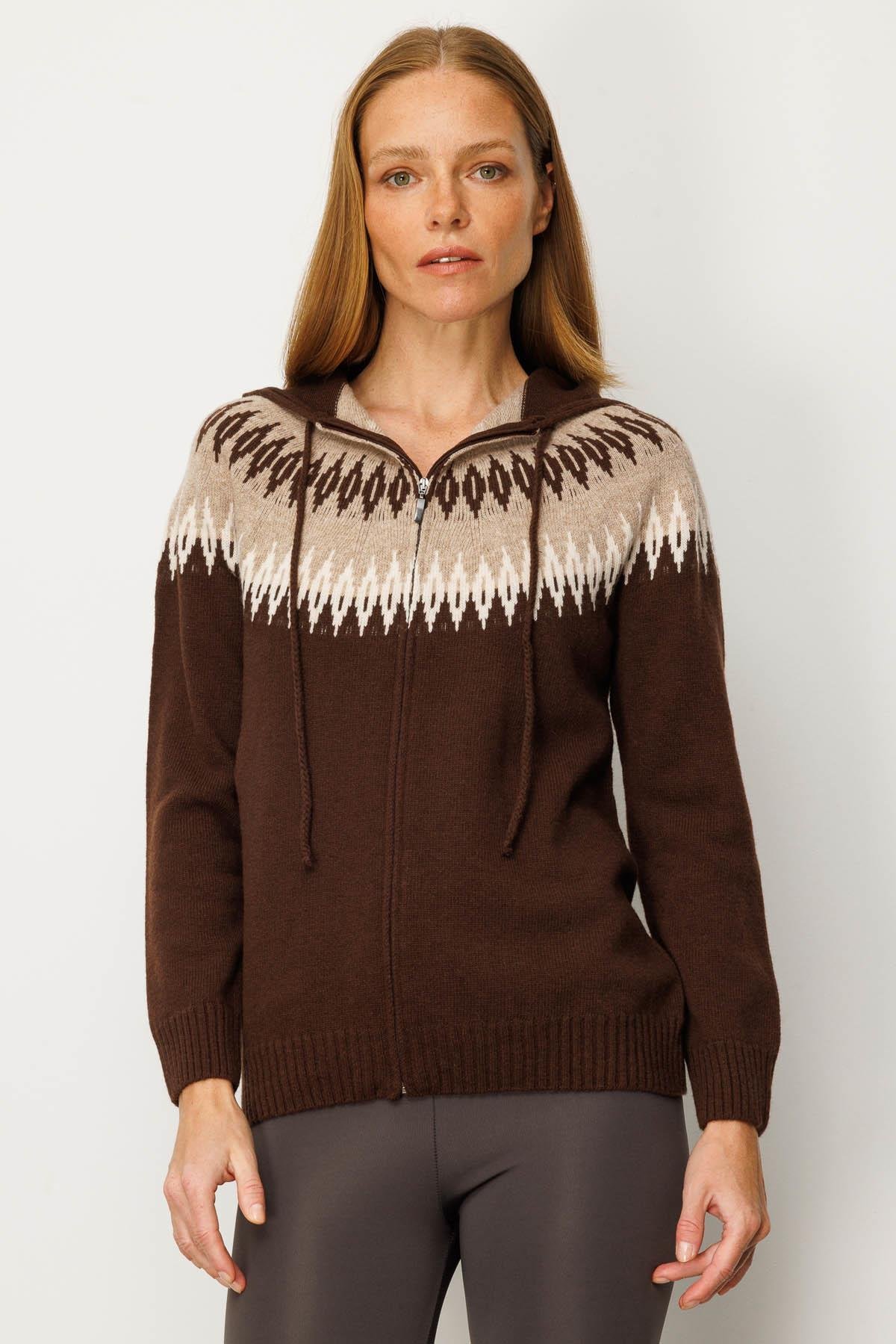 25230Kadın Kapüşonlu Robası Baklavalı Hırka M.Kahve