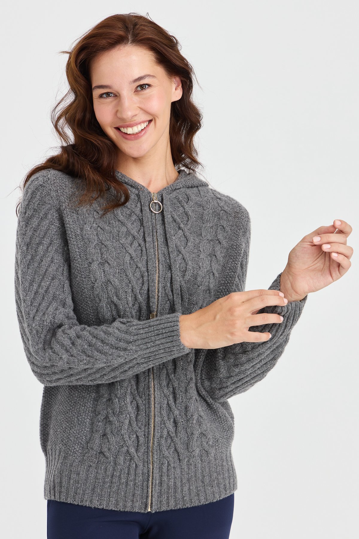 23198Kadın Kapüşonlu Saç Yürütme Örgülü Yün Ceket Füme