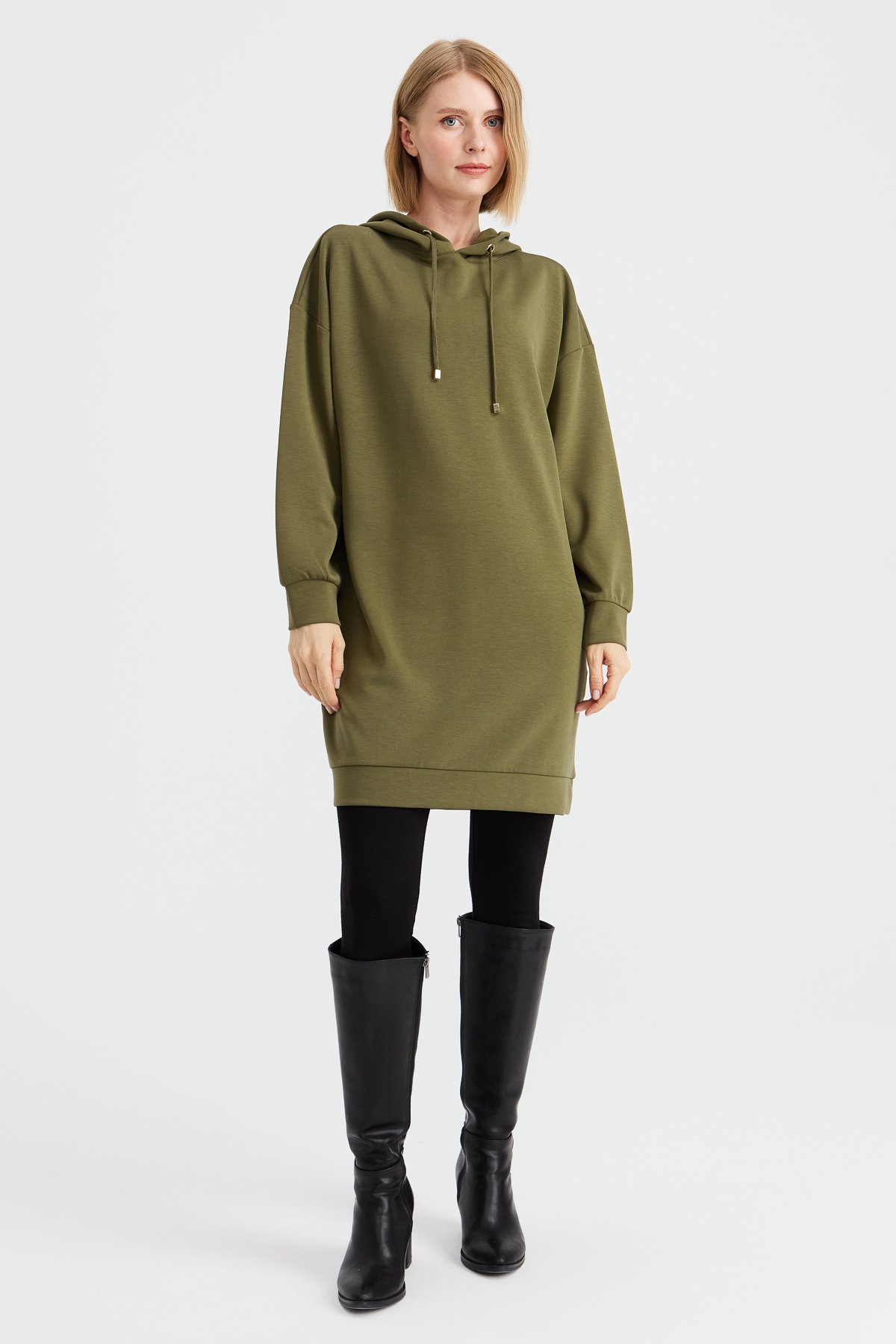 KMK23003Kadın Kapüşonlu Sweat Elbise Haki