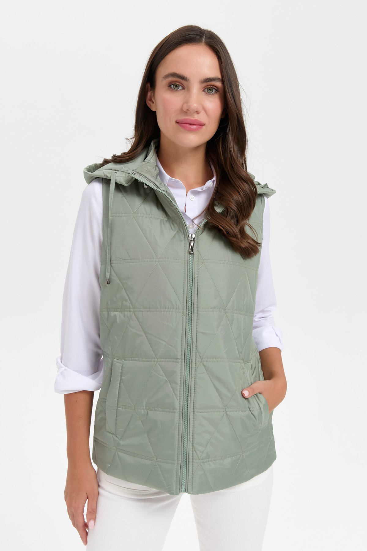 24414Kadın Kapüşonlu Üçgen Desenli Kısa Kapitone Yelek S.Yeşili