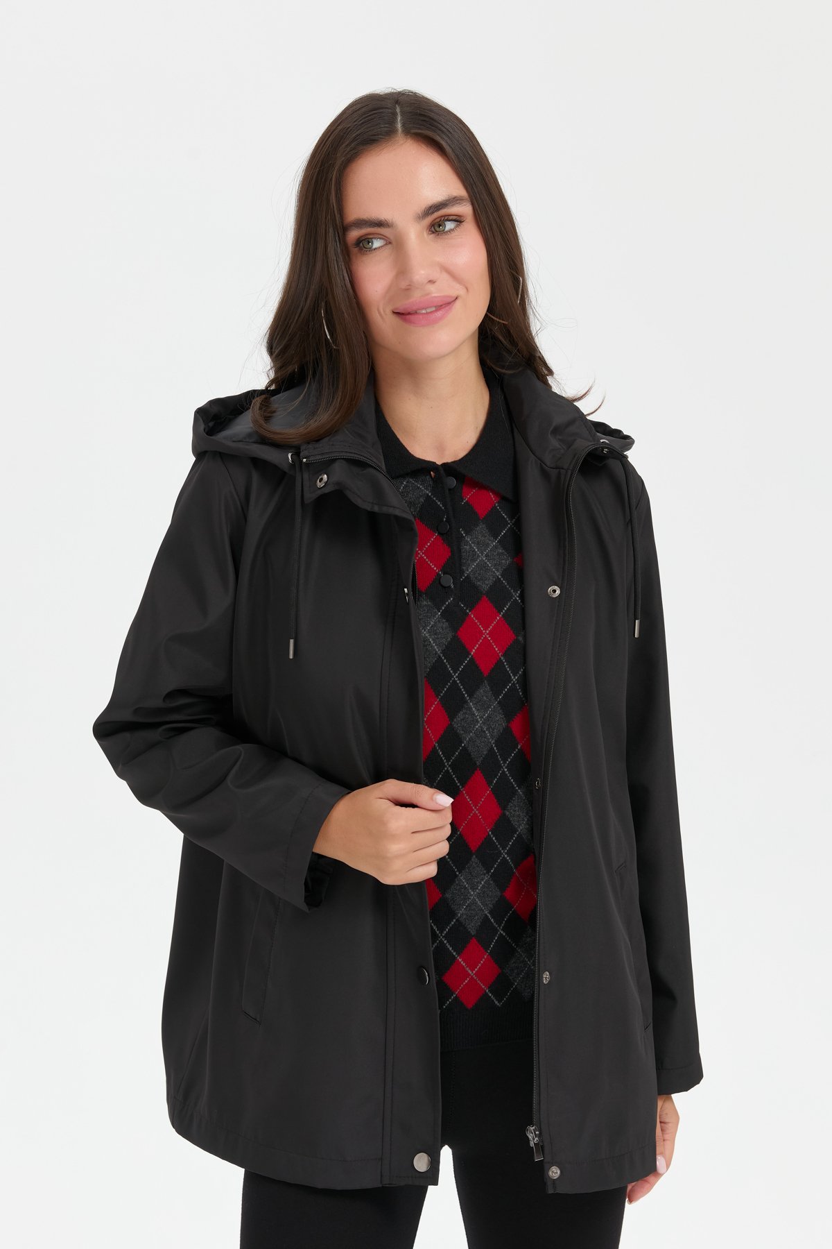 24417Kadın Kapüşonlu Yan Cepli Kısa Trençkot Siyah