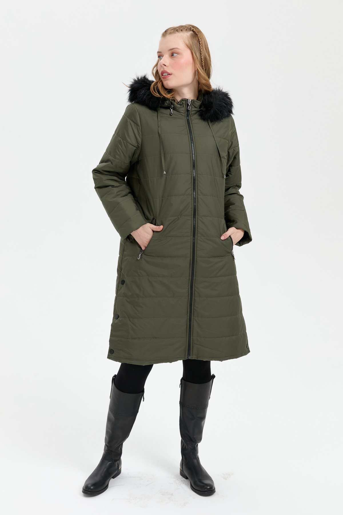 23404Kadın Kapüşonu Kürklü Uzun Kapitone Kaban Yeşil