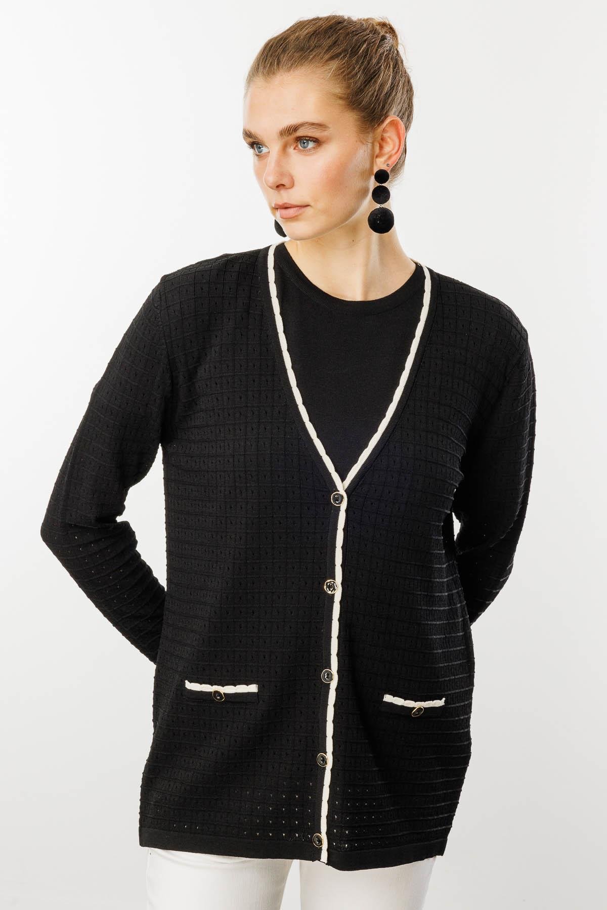 25355Kadın Kare Örgülü Yazlık Triko Hırka Siyah