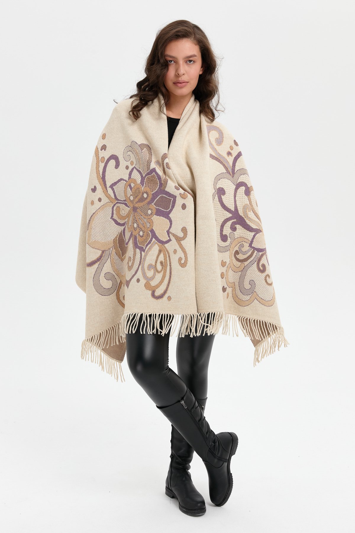 24029Kadın Karışık Büyük Çiçek Desenli Battal Boy Şal T.Melanj_Mor Sarı Sim