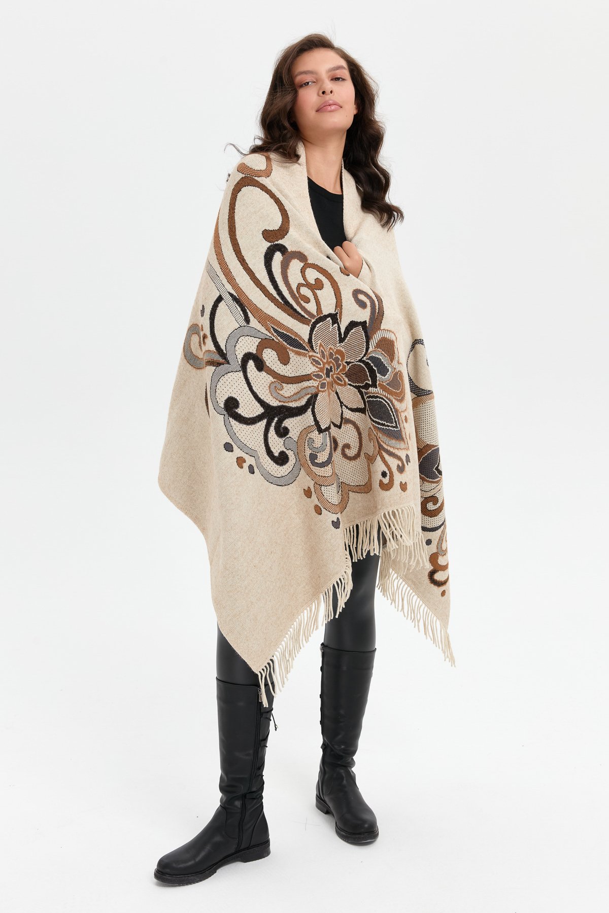 24029Kadın Karışık Büyük Çiçek Desenli Battal Boy Şal T.Melanj_Siyah Sim