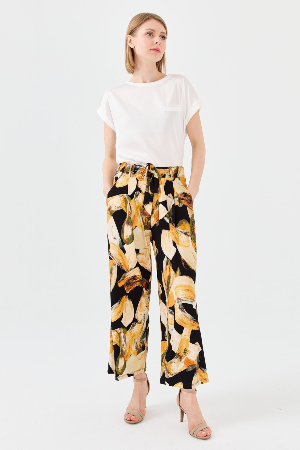 23723Kadın Karışık Desenli Bol Kesim Penye Pantolon Hardal