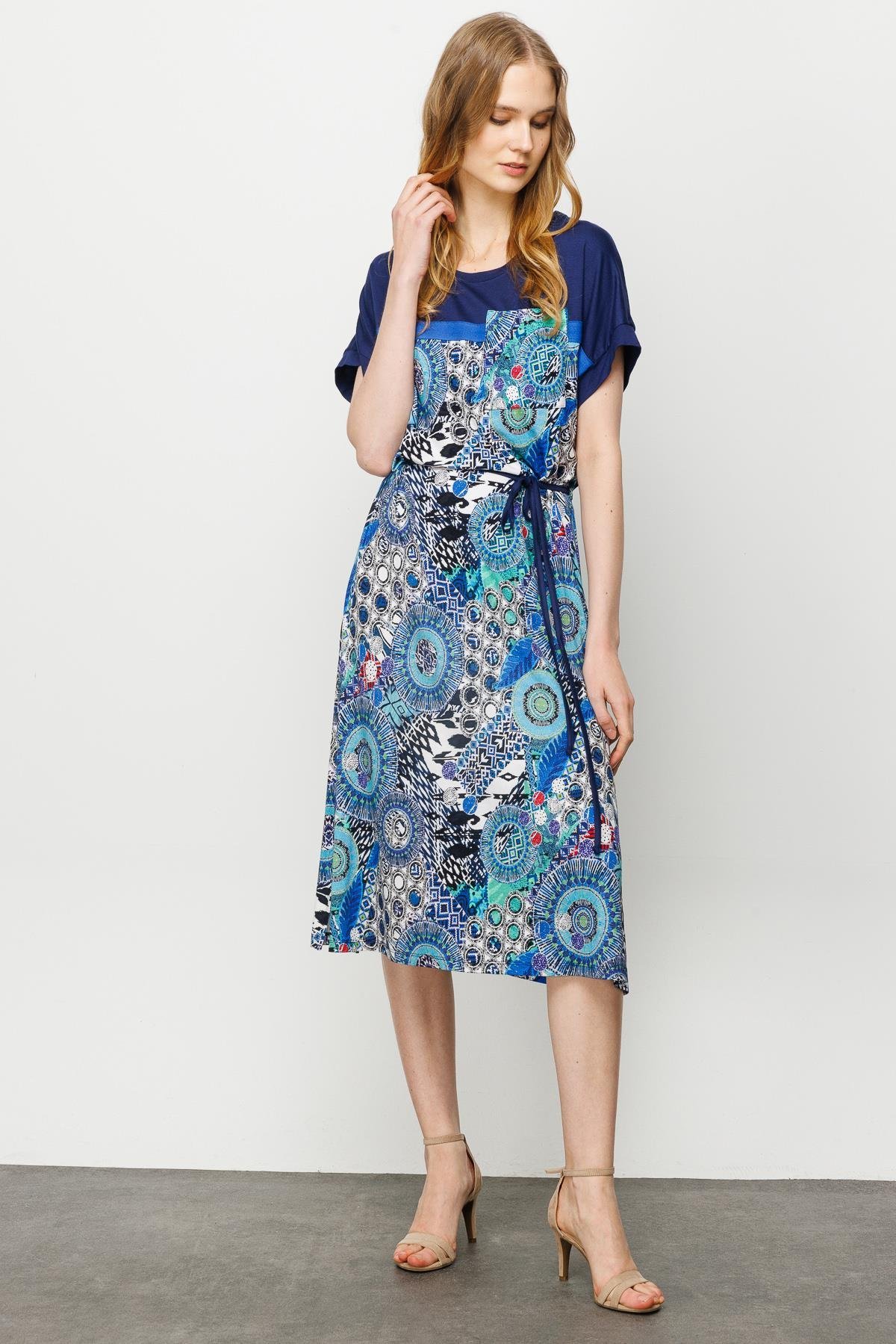 23728Kadın Karışık Desenli Düşük Kol Penye Elbise Lacivert