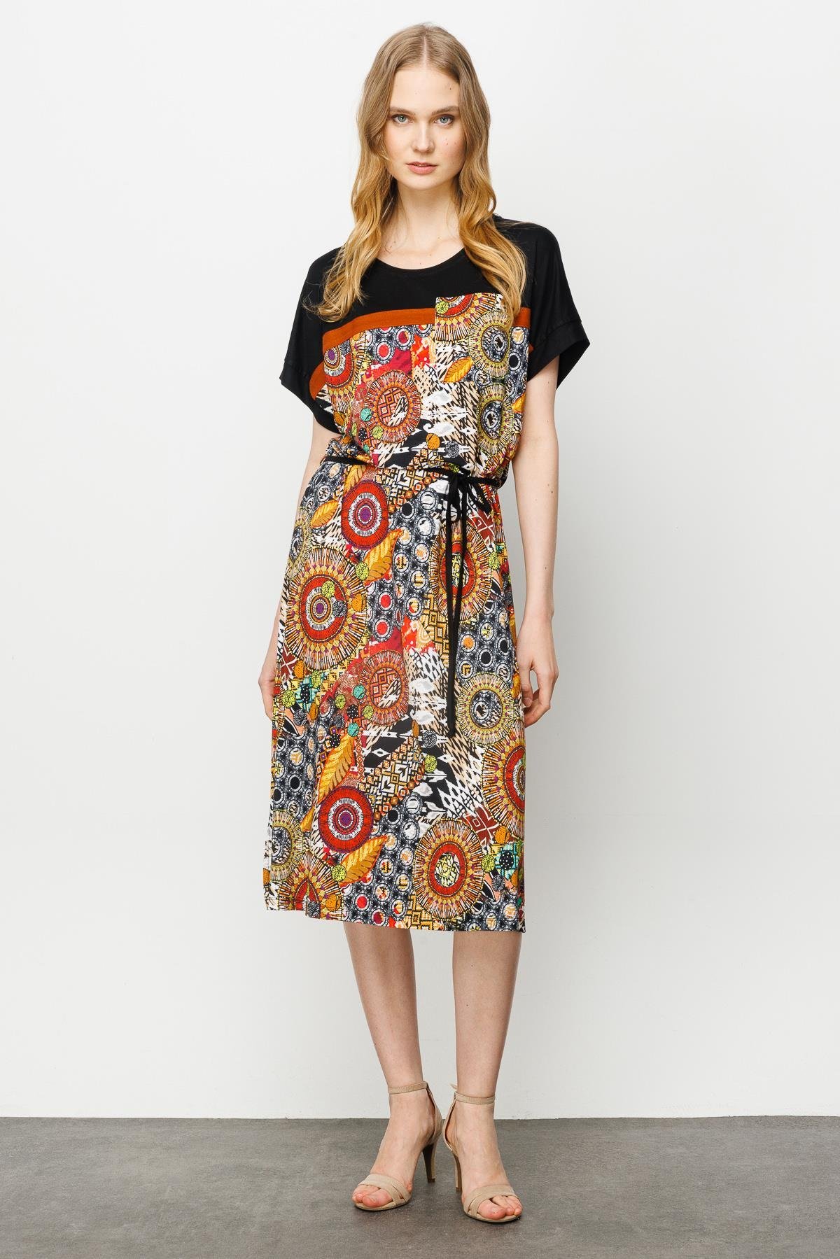 23728Kadın Karışık Desenli Düşük Kol Penye Elbise Siyah