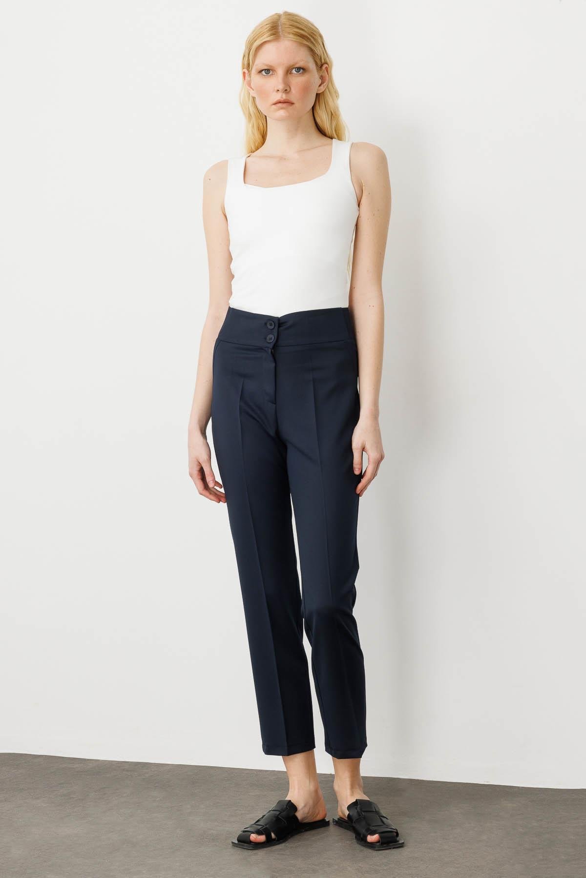 25902Kadın Kemer Yanı Lastikli Bilek Boy Yazlık Kumaş Pantolon Lacivert