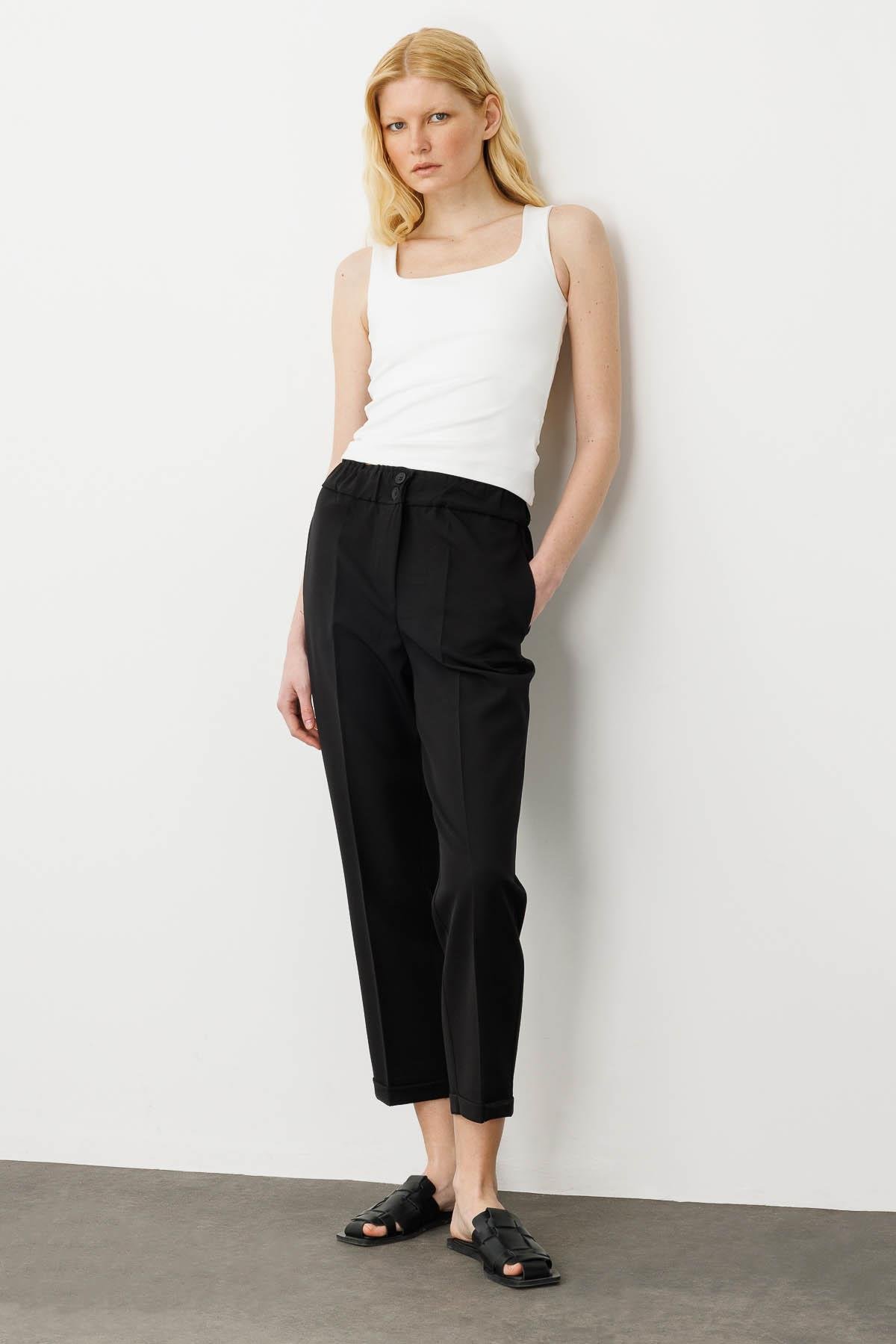 25901Kadın Kemeri Lastikli Yazlık Kumaş Pantolon Siyah