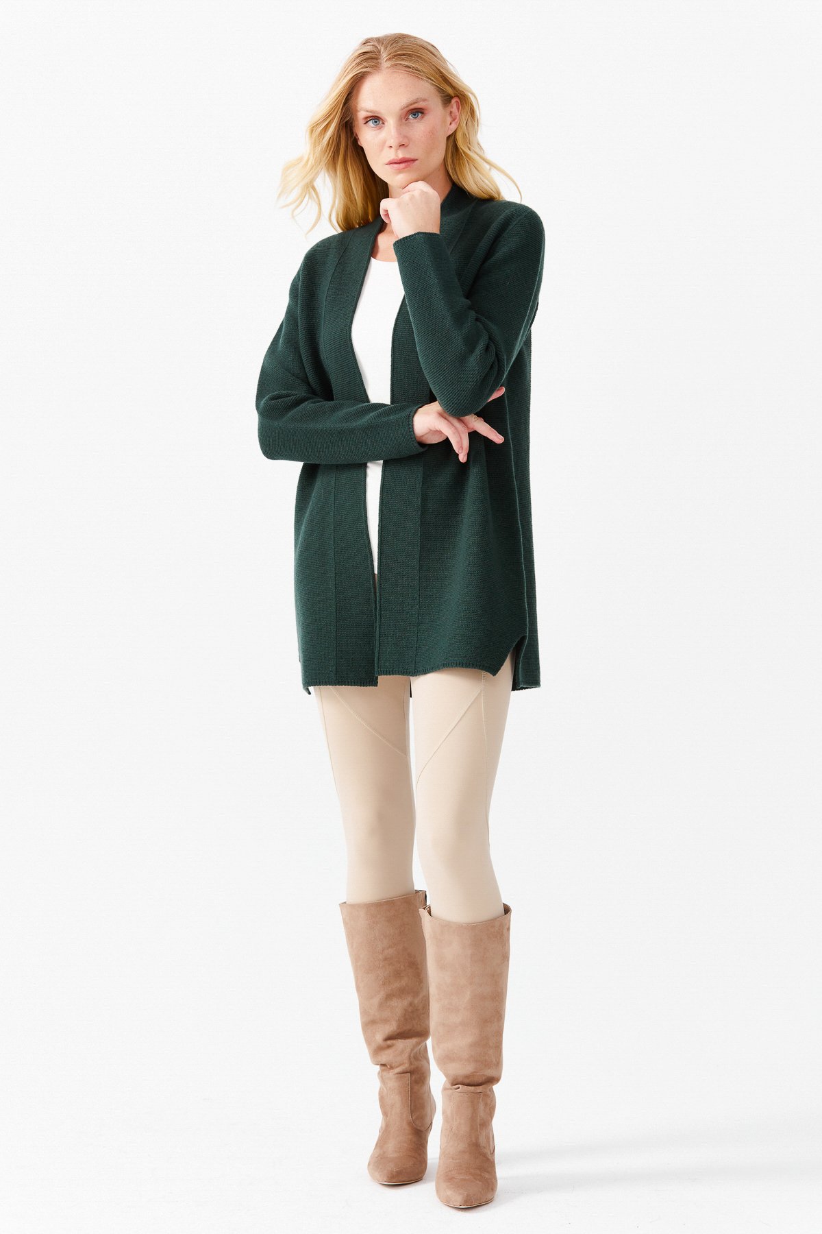 22095Женский жакет нараспашку с разрезом, зеленый