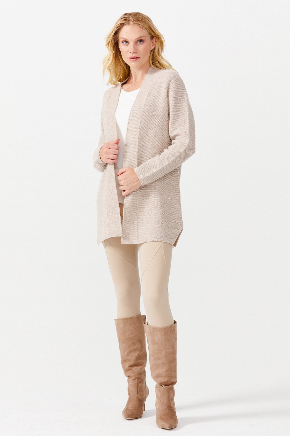 22095Женский жакет нараспашку с разрезом, бежевый