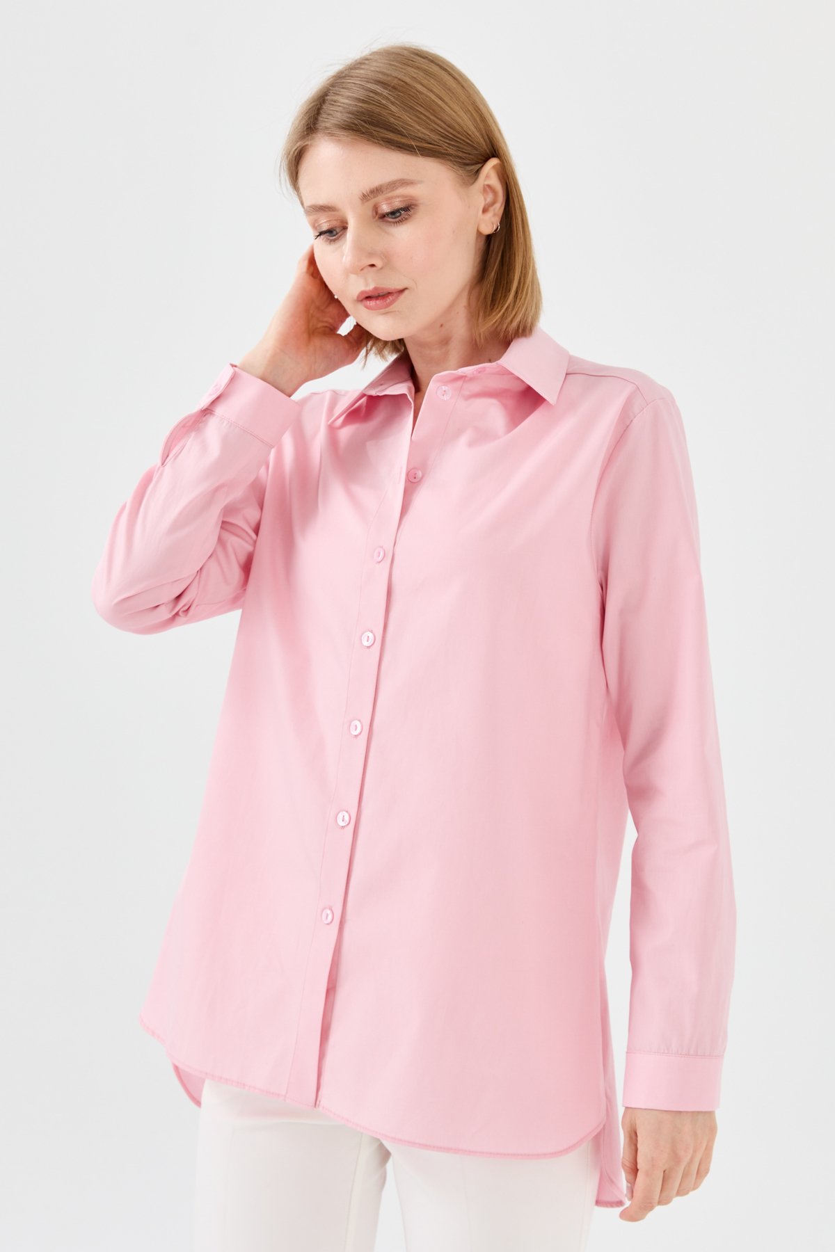 22805Kadın Koton Uzun Gömlek Pudra