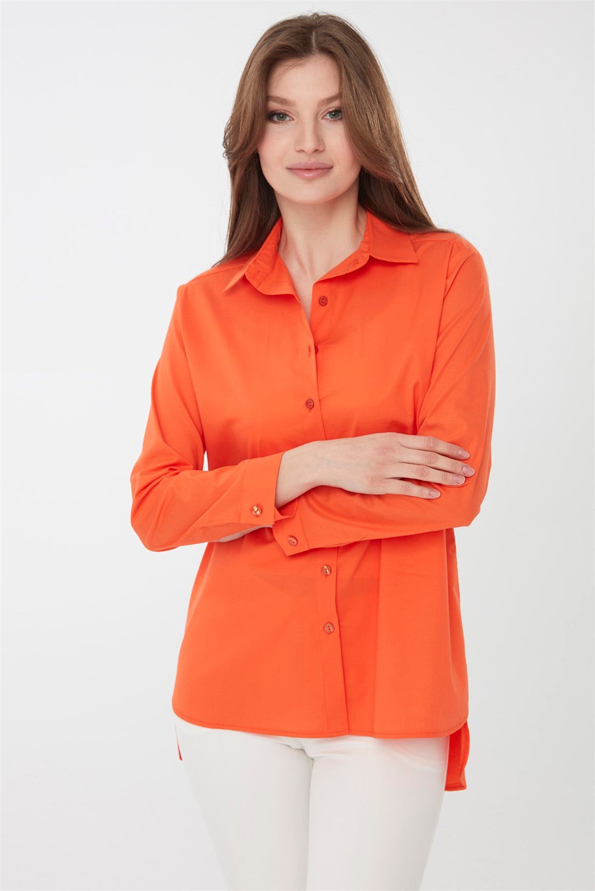 22805Kadın Koton Uzun Gömlek Turuncu