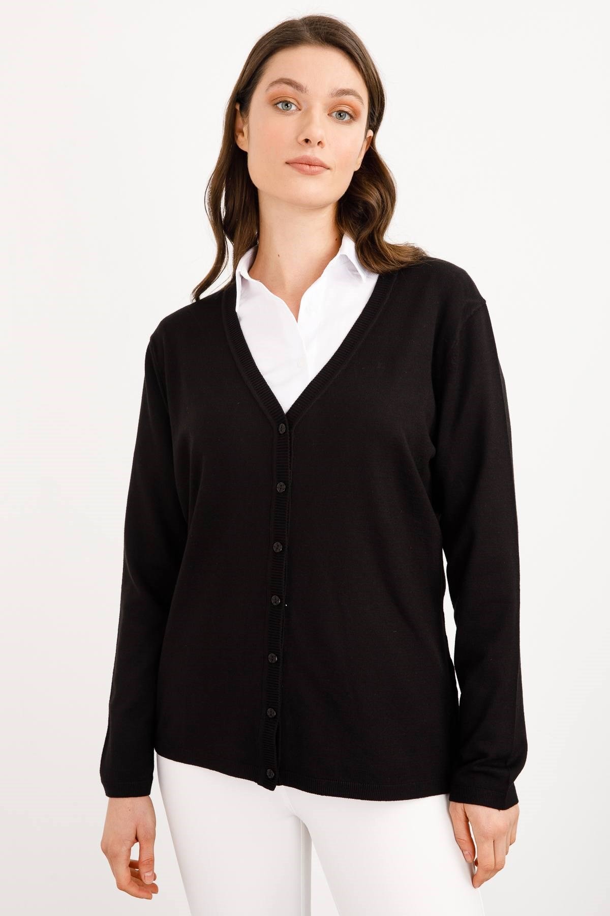 Женский базовый кардиган из лайкры с V-образным вырезом, черный