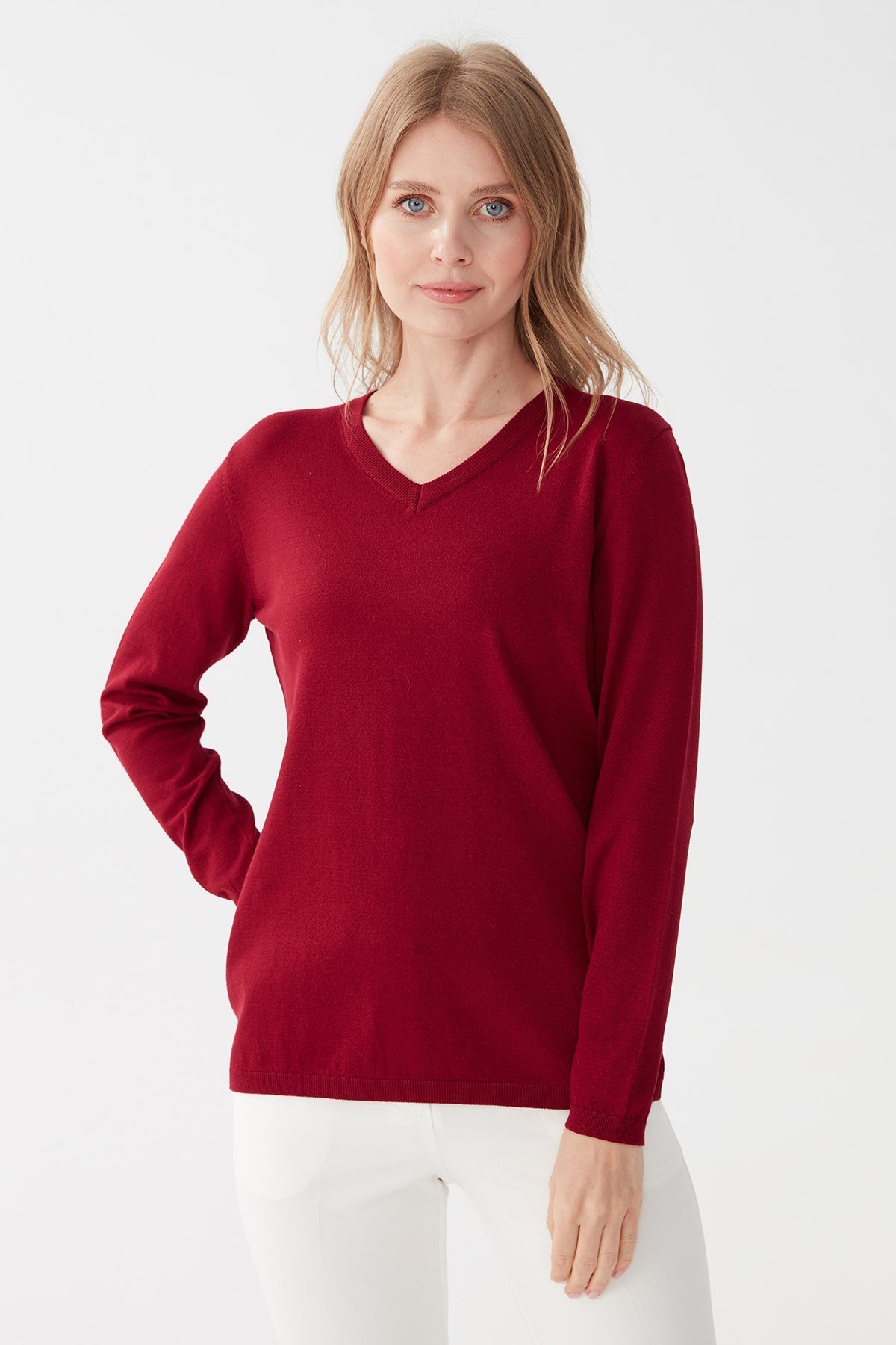 Женская базовая блузка из лайкры с V-образным вырезом цвета вишни