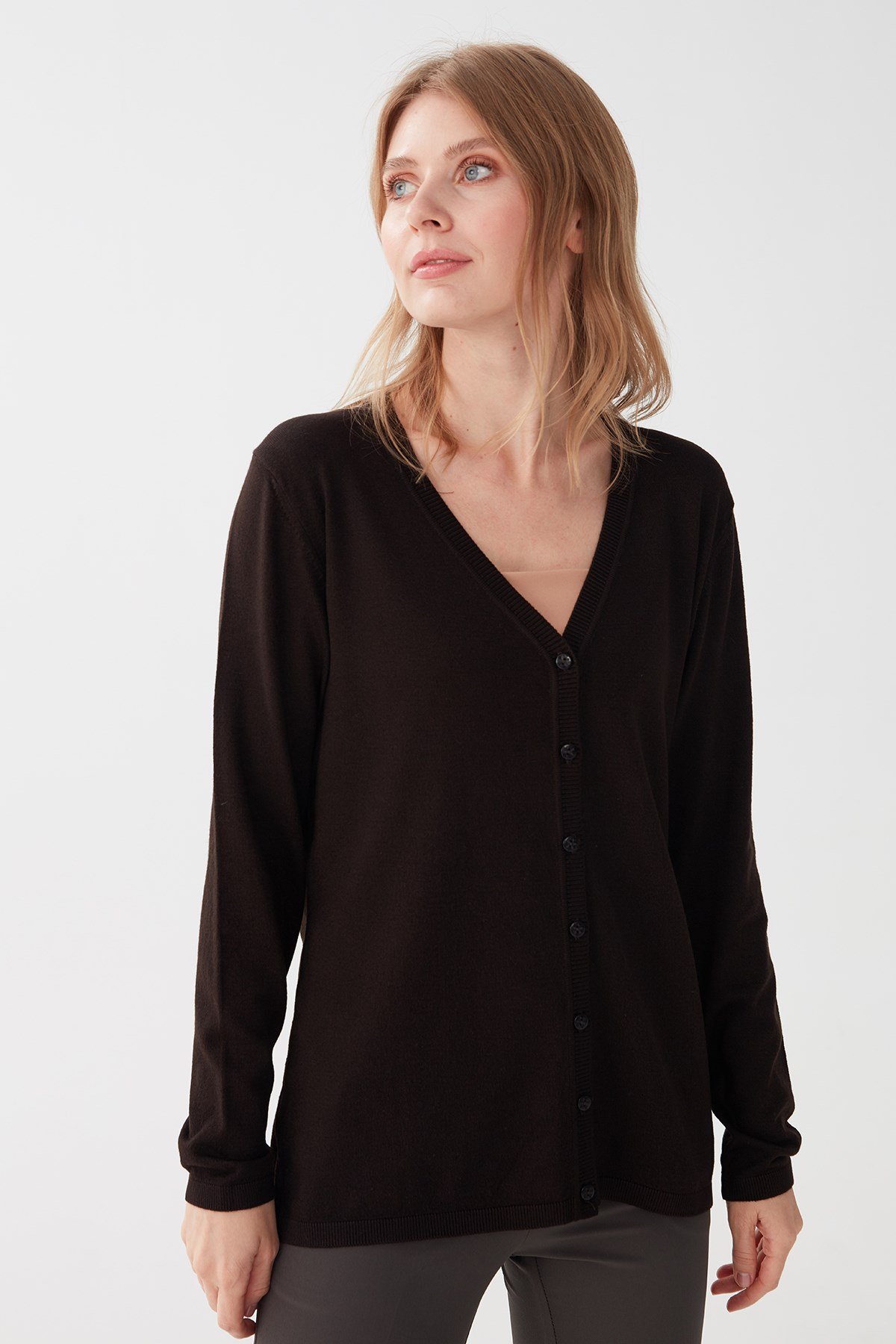 Женский  базовый кардиган из лайкры V-образным вырезом Темно-кофейный