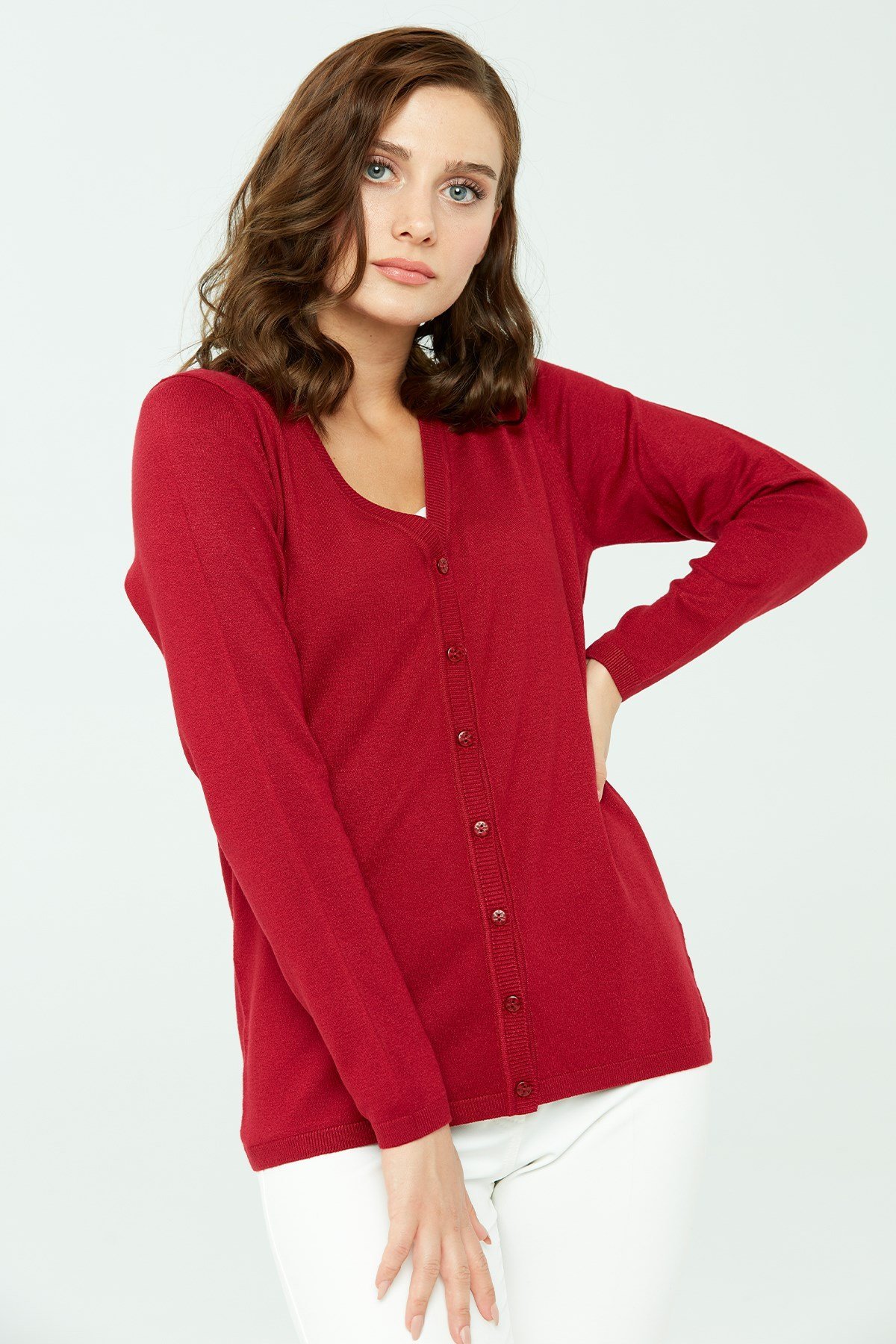 Женский базовый кардиган из лайкры с V-образным вырезом темно-красный Цвет
