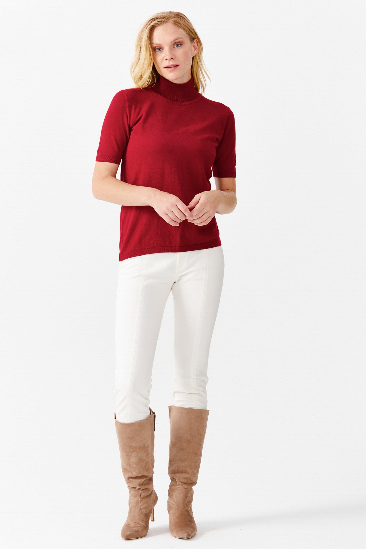 20346Женская блузка с водолазкой из лайкры ТЕМНО-КРАСНЫЙ