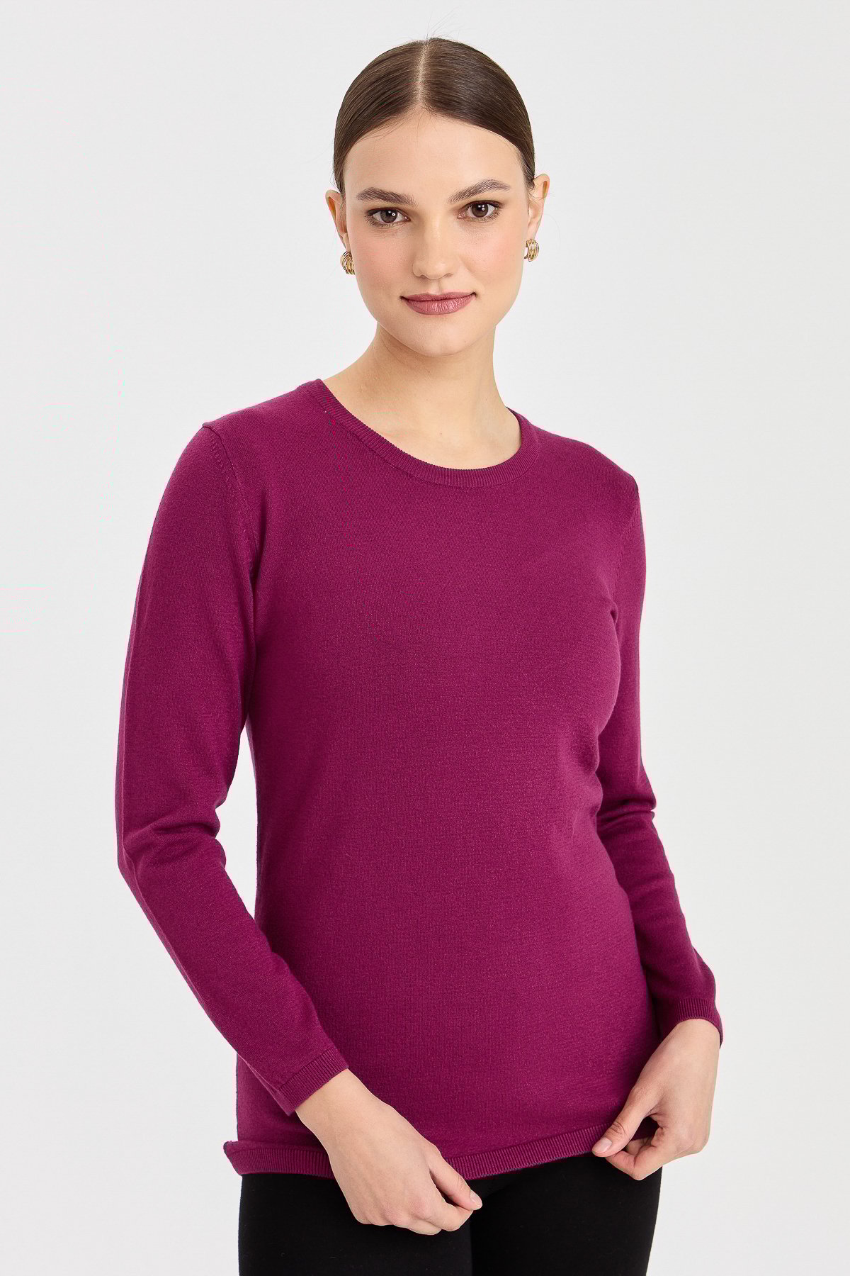 20015Kadın Likralı Uzun Kol Basic Sıfır Yaka Bluz Mürdüm