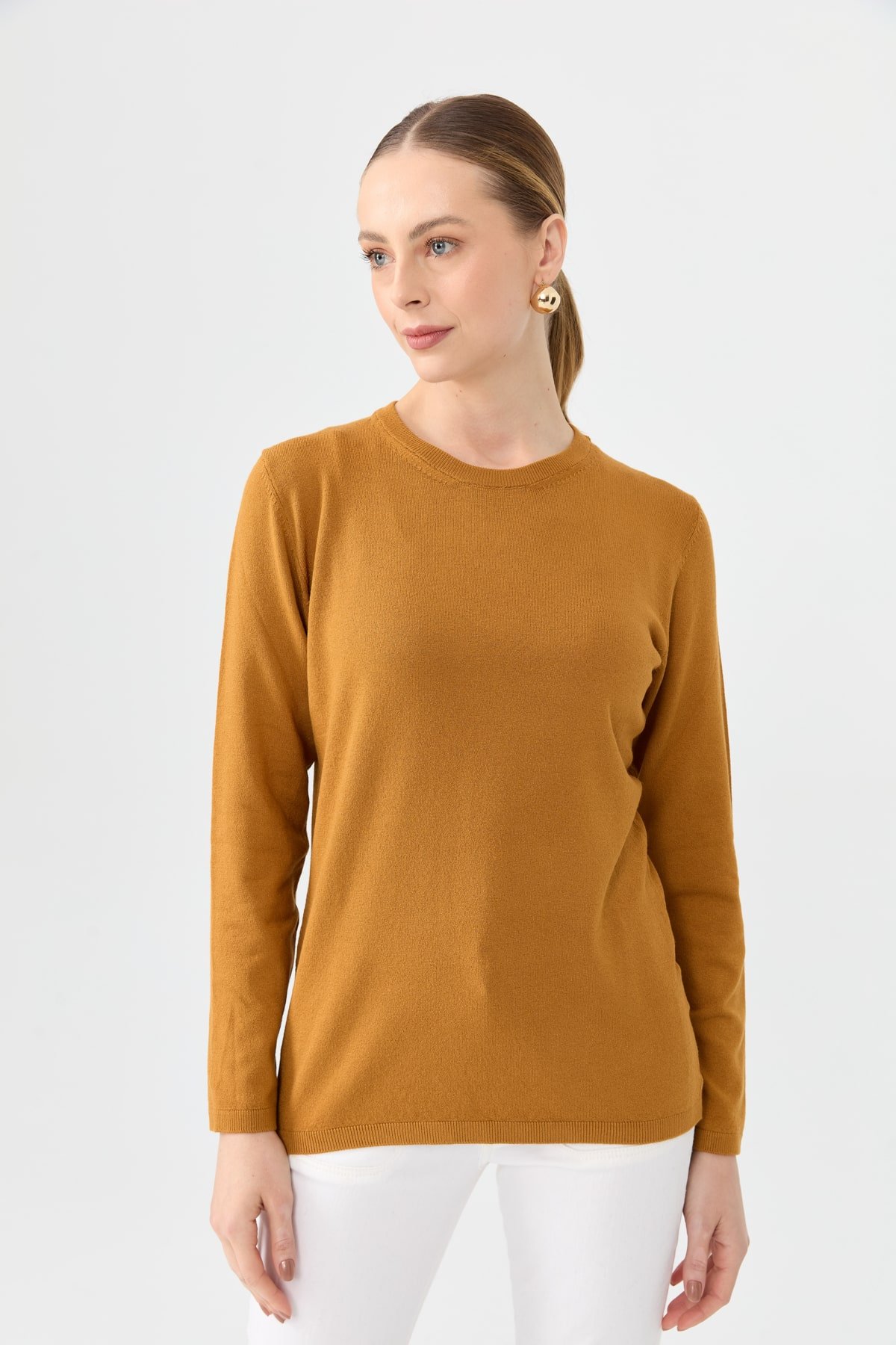 20015Kadın Likralı Uzun Kol Basic Sıfır Yaka Bluz Hardal