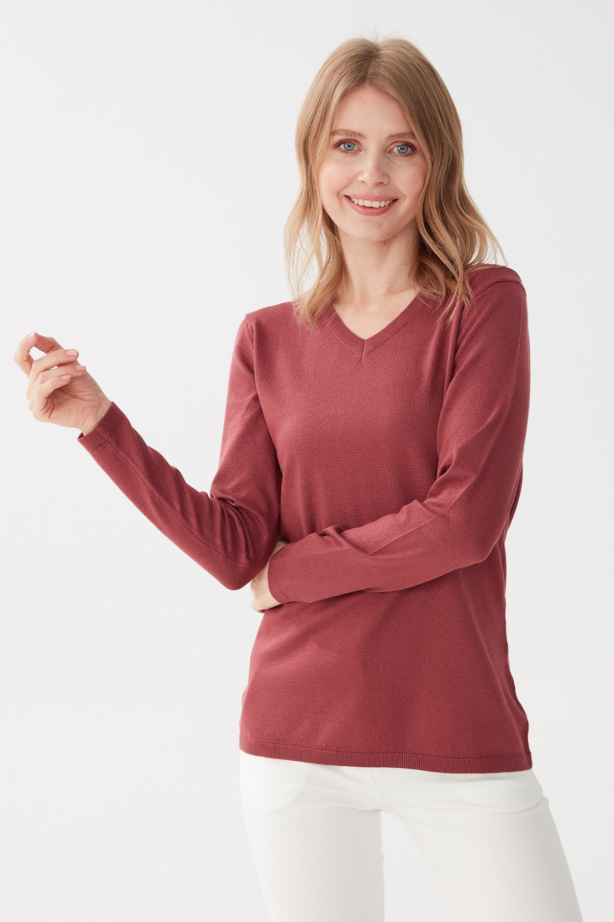 Женская базовая блузка из лайкры с V-образным вырезом Цвет сушеной розы