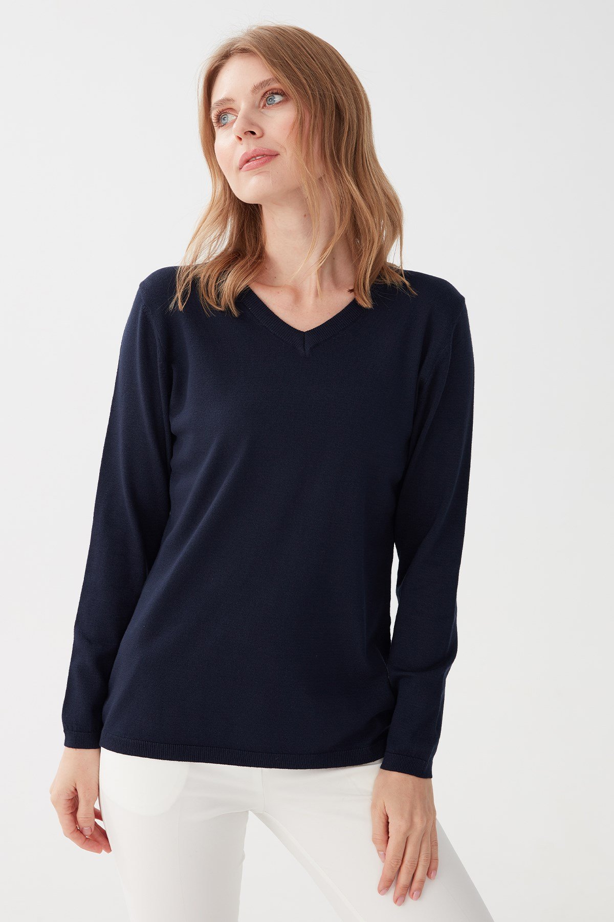 Women's Lycra Basic V-Neck Blouse Dark Navy