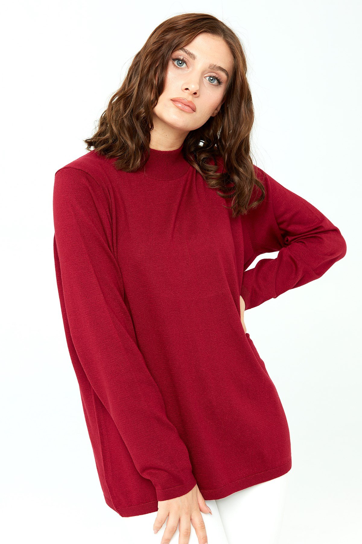 Женская базовая блузка с высоким воротником из лайкры цвета вишни