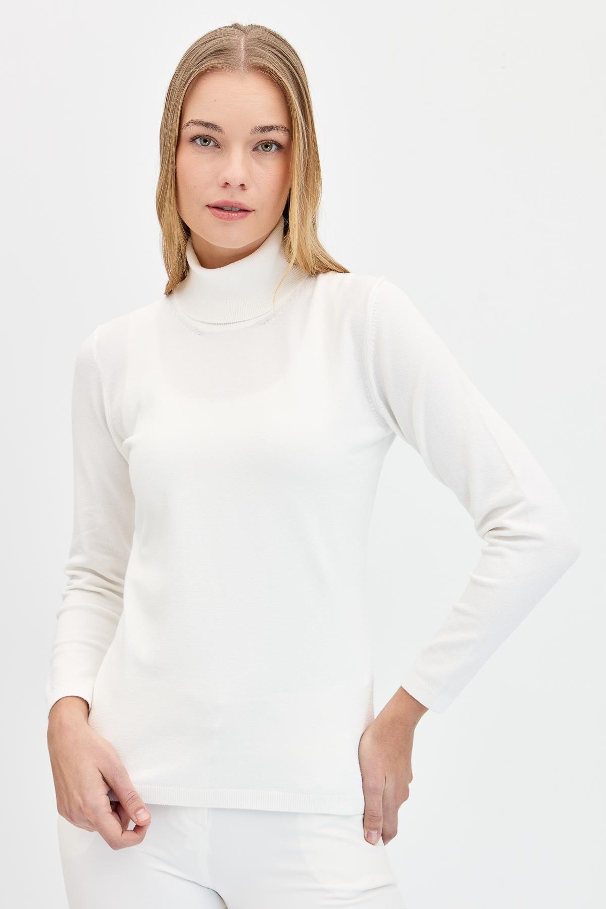 20017Kadın Likralı Uzun Kollu Basic Tam Balıkçı Bluz Kemik