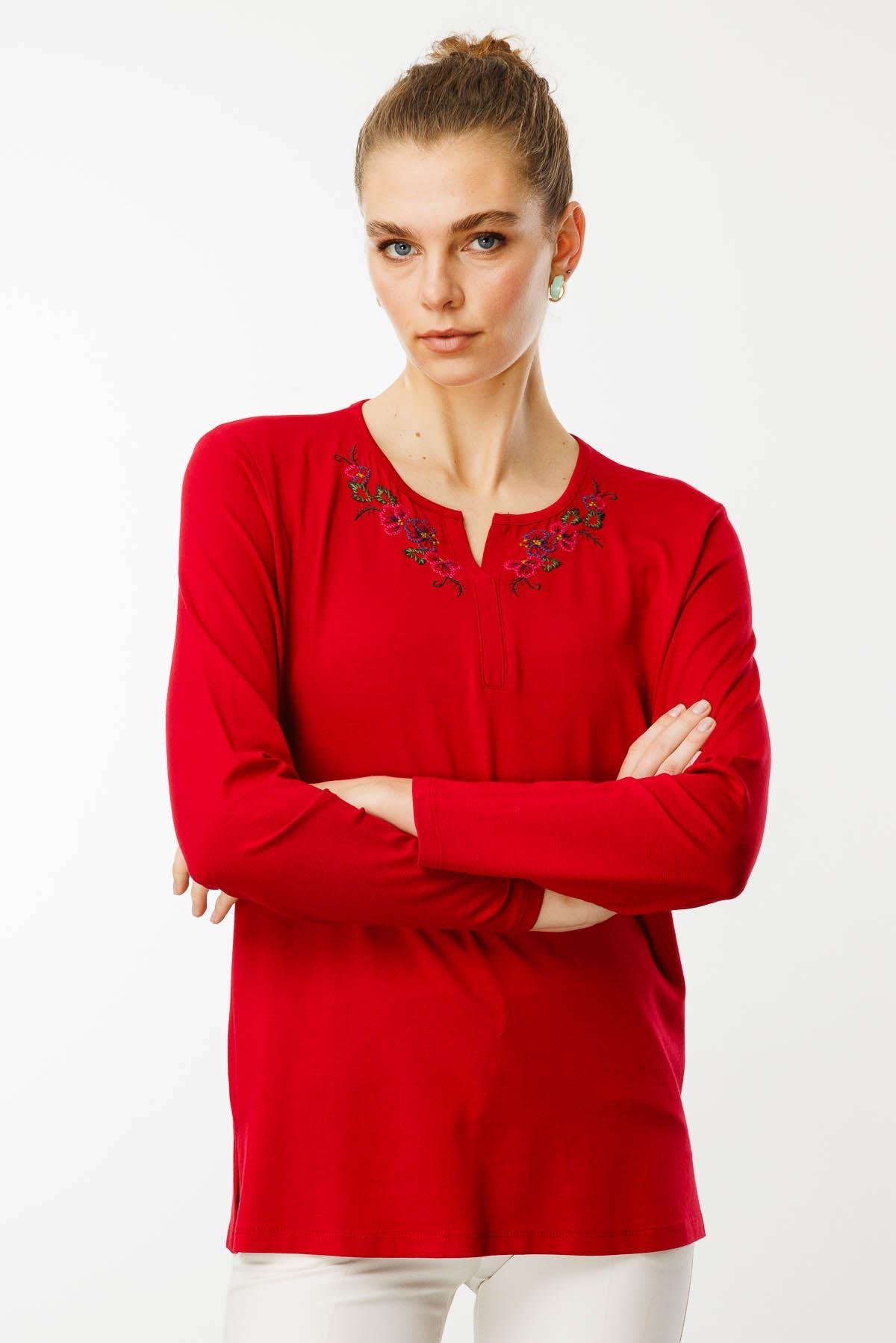25702Kadın Nakış İşlemeli Uzun Kollu Penye Bluz Kırmızı