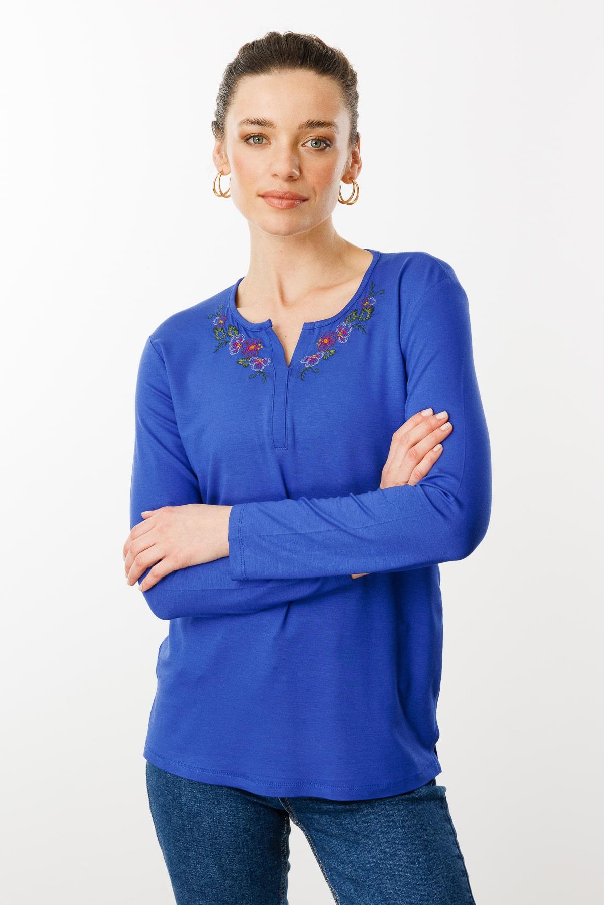 25702Kadın Nakış İşlemeli Uzun Kollu Penye Bluz Saks Mavi