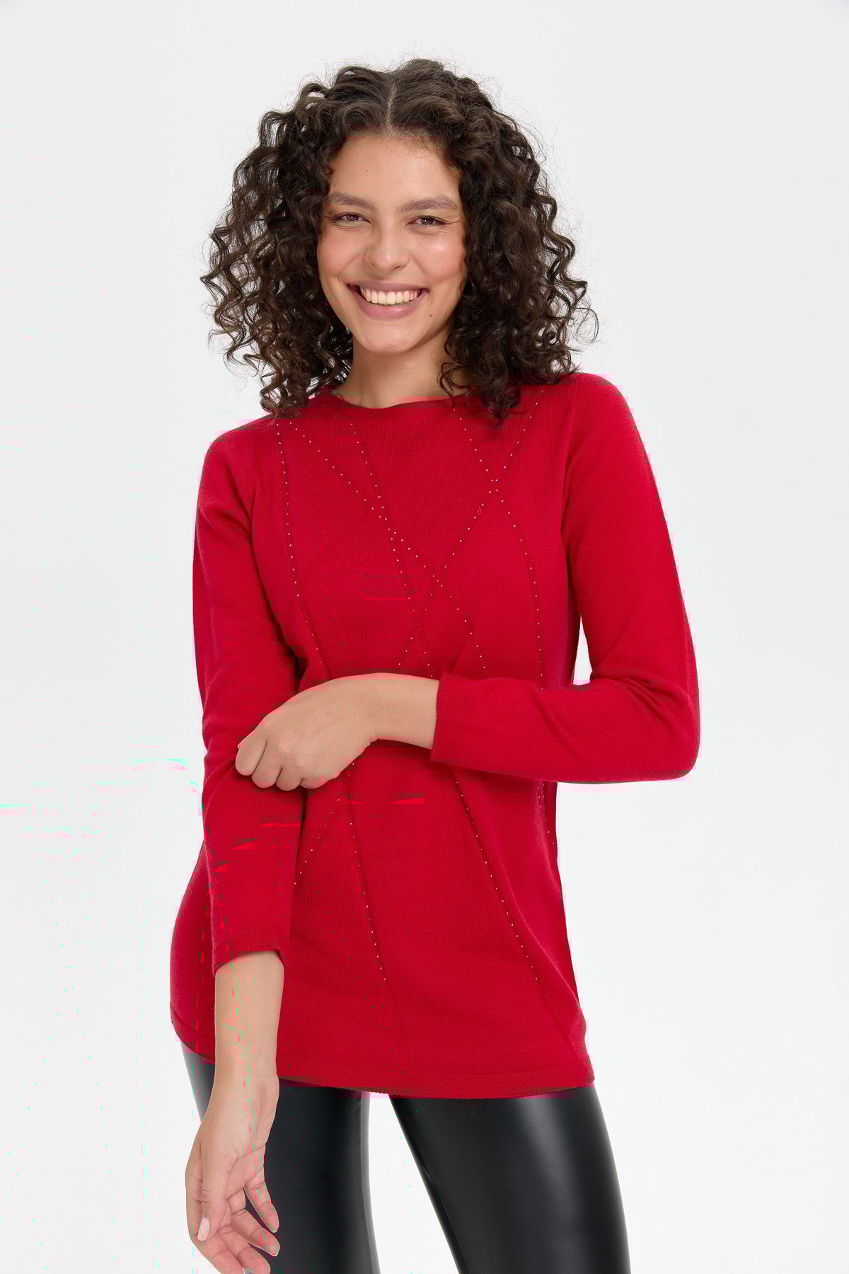 24190Kadın Önü Çapraz Desenli Taşlı Dikişsiz Kazak K.Kırmızı