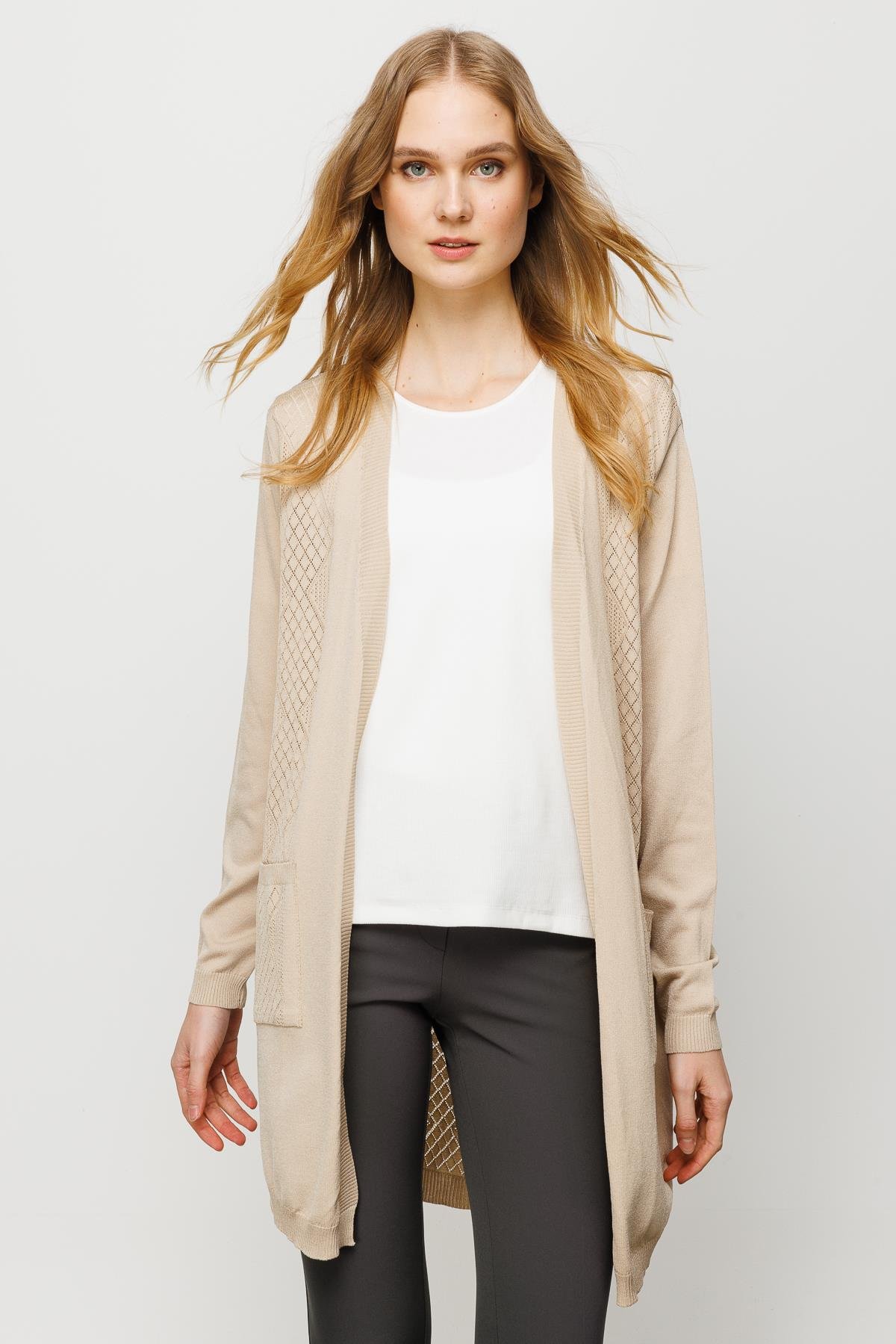 23352Kadın Önü ve Arkası Şeritli Yazlık Hırka Bej