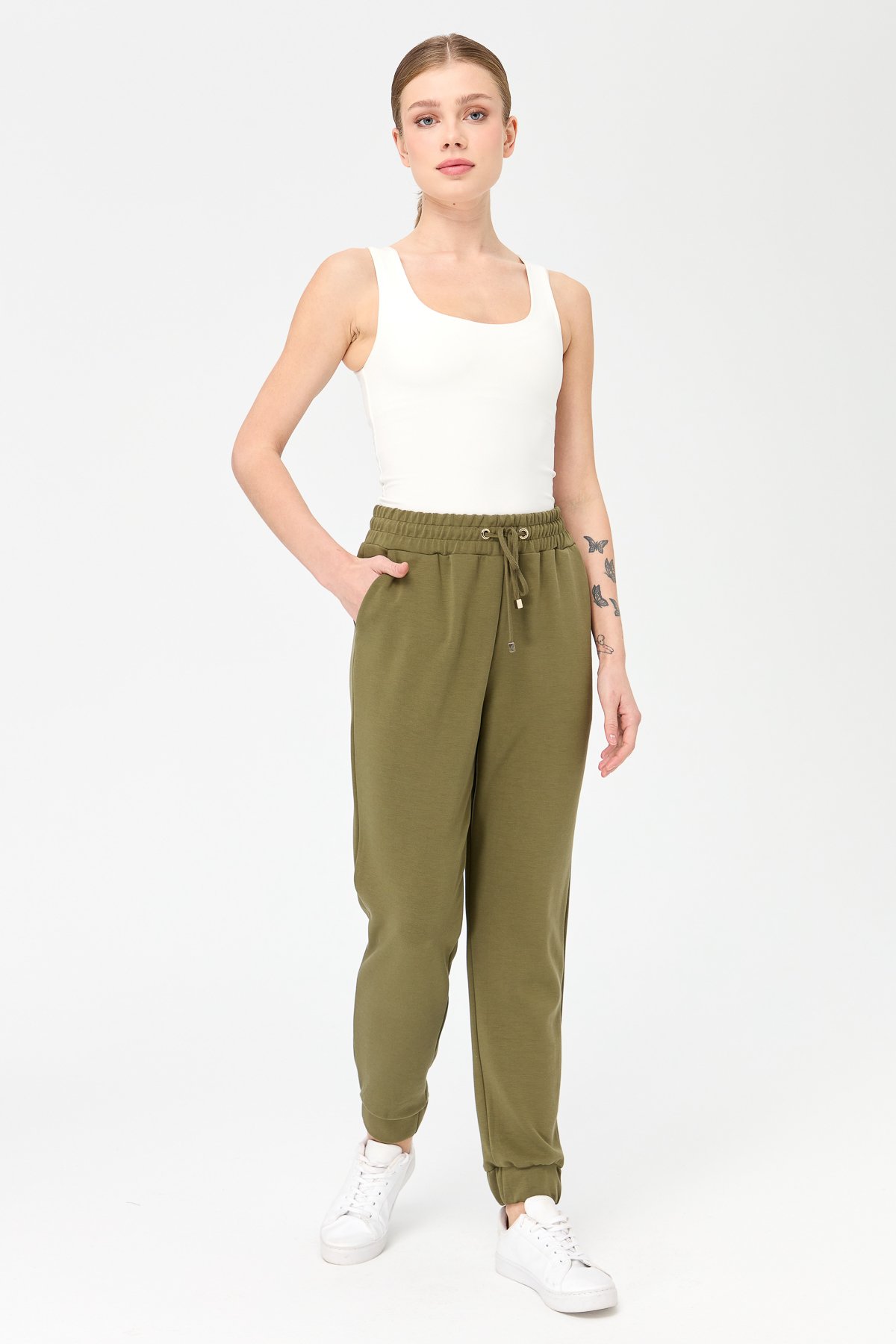 KMK23007Kadın Paça Arkası Lastikli Cepli Eşofman Pantolon Haki