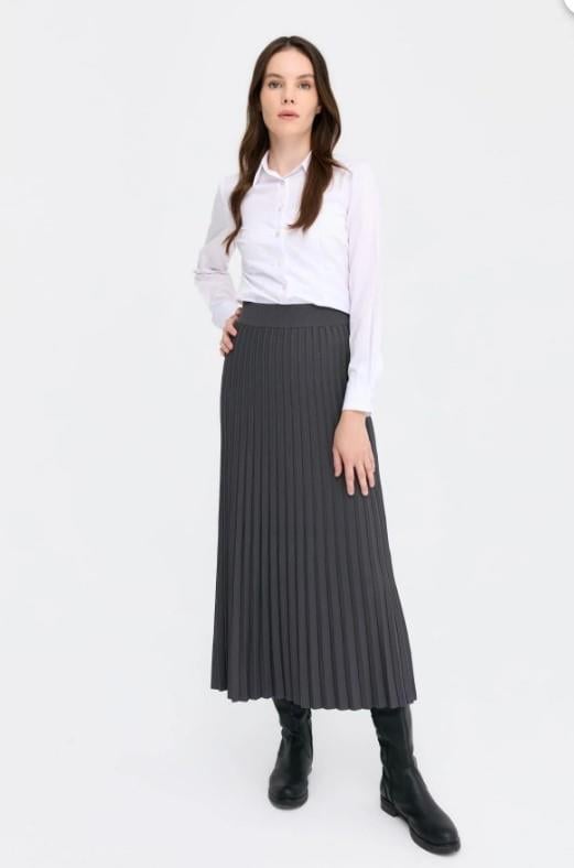 21321Kadın Pileli Triko Etek Antrasit