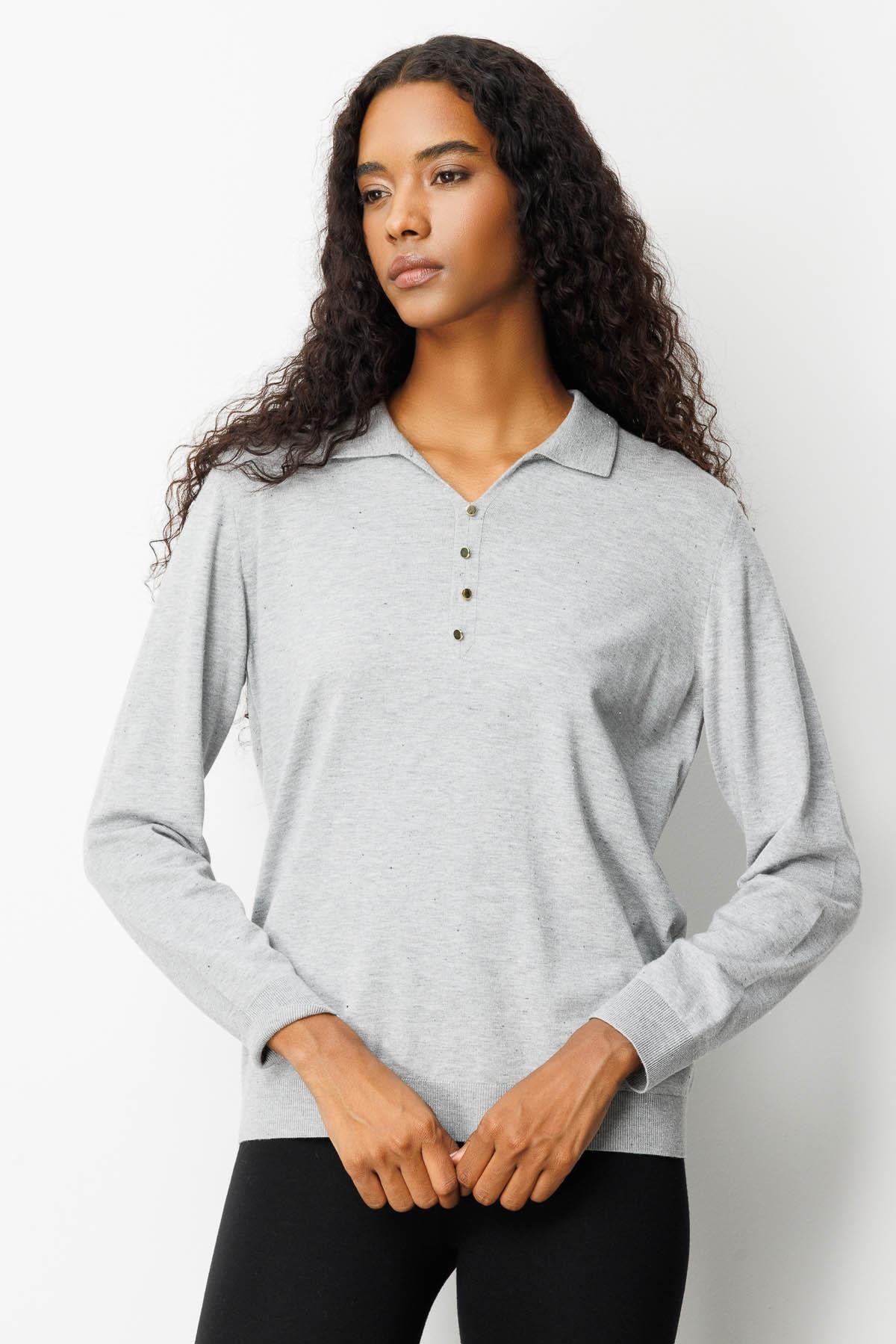 23026Kadın Polo Yaka Angelina Basic Bluz Gri