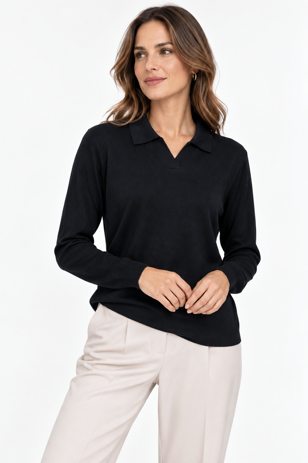 26652Kadın Polo Yaka Basic Düz Bluz Siyah