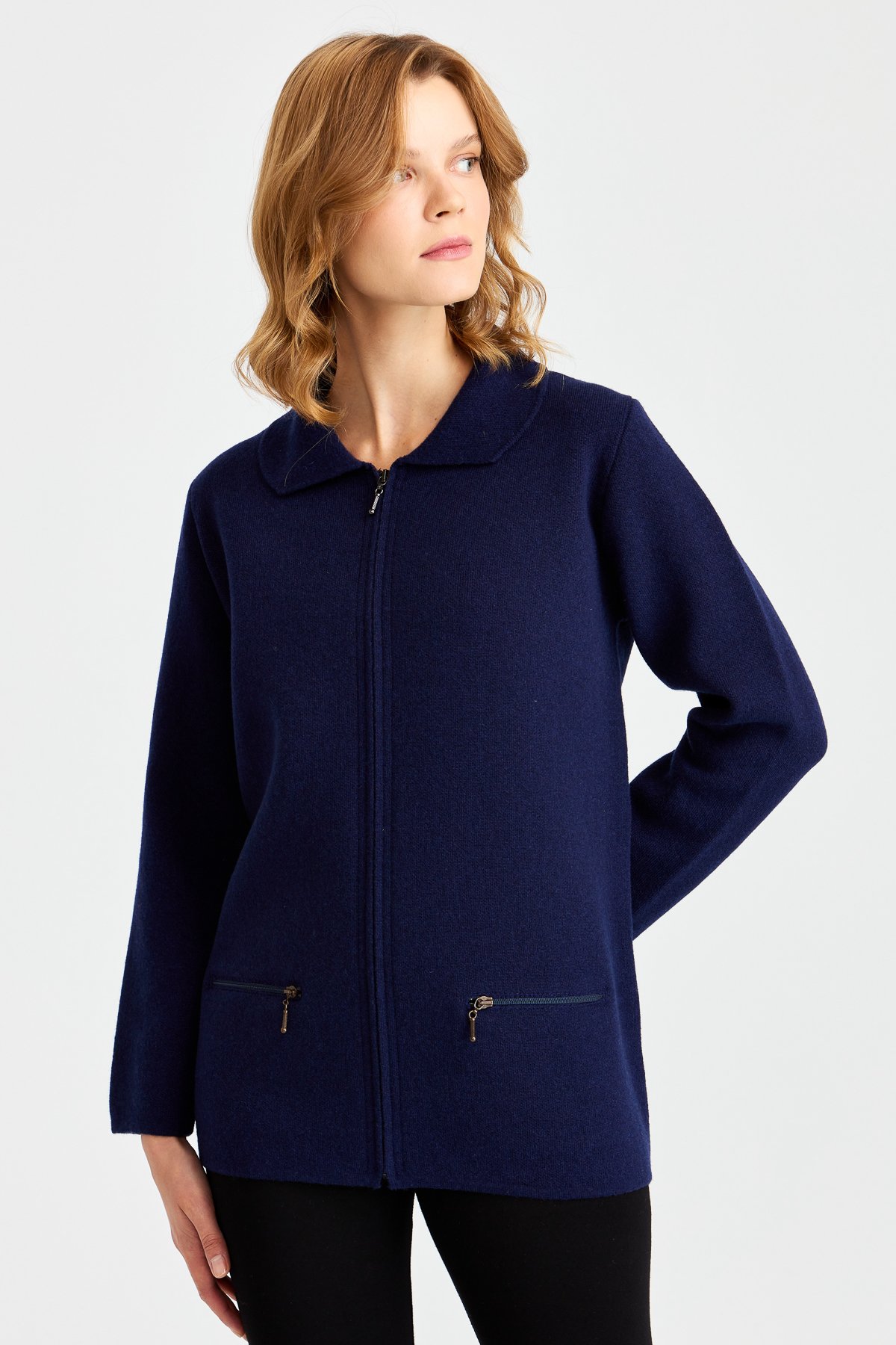 22128Женский шерстяной кардиган с вырезом поло и карманом на молнии