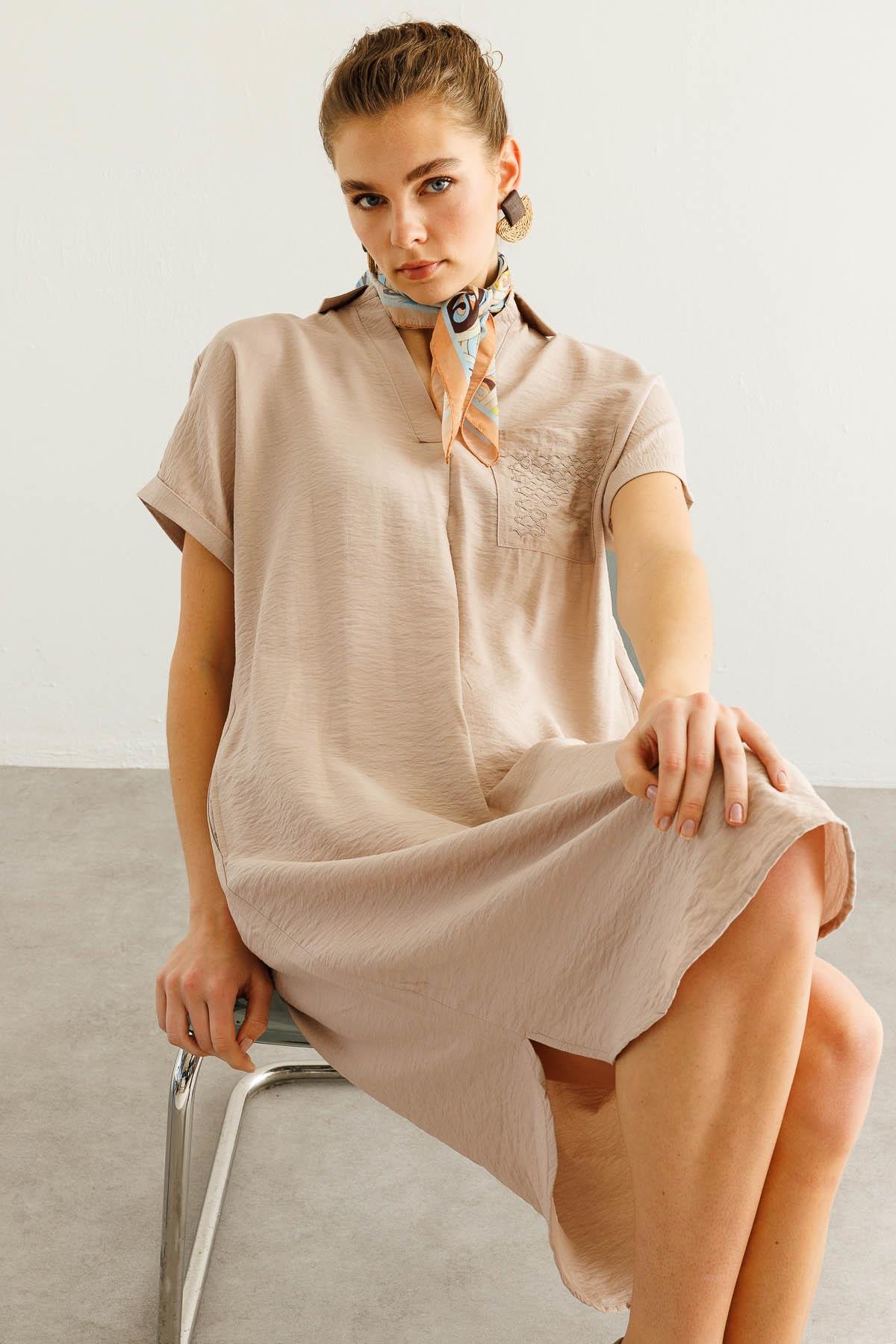 25819Kadın Polo Yaka Cebi Zincir Detaylı Elbise Taş