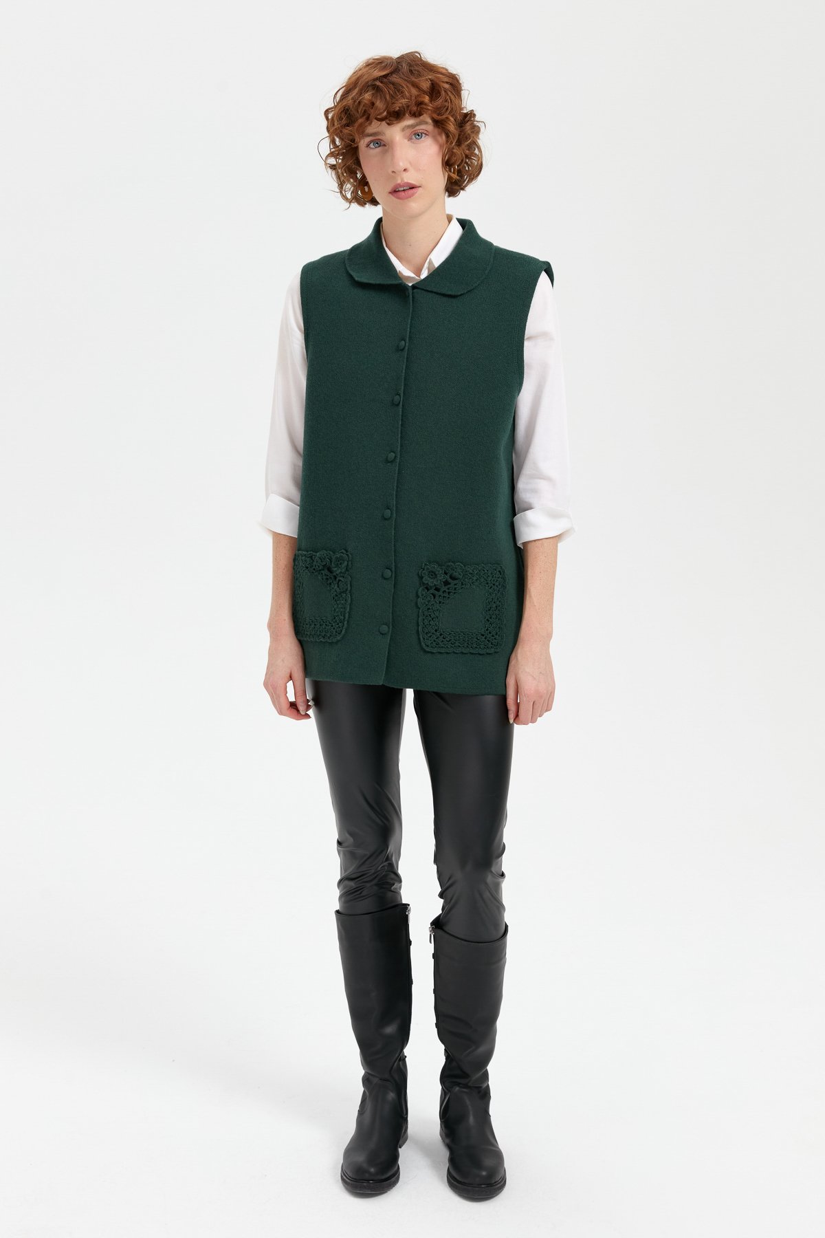 24014Kadın Polo Yaka Düğmeli Kısa Yün Yelek Yeşil