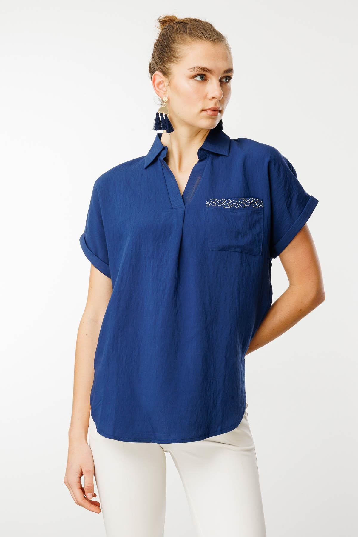 25843Kadın Polo Yaka Düşük Kol Gömlek Lacivert